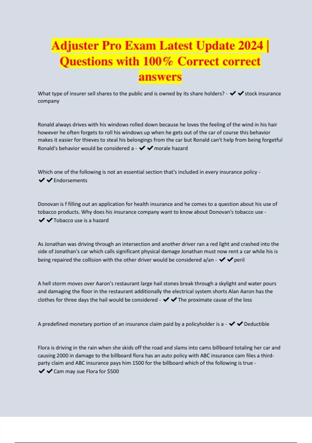 Adjuster Pro Exam Latest Update 2024 Questions with 100 Correct