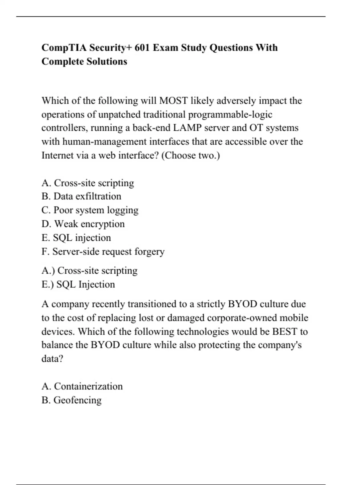 CompTIA Security+ 601 Exam Study Questions With Complete Solutions ...