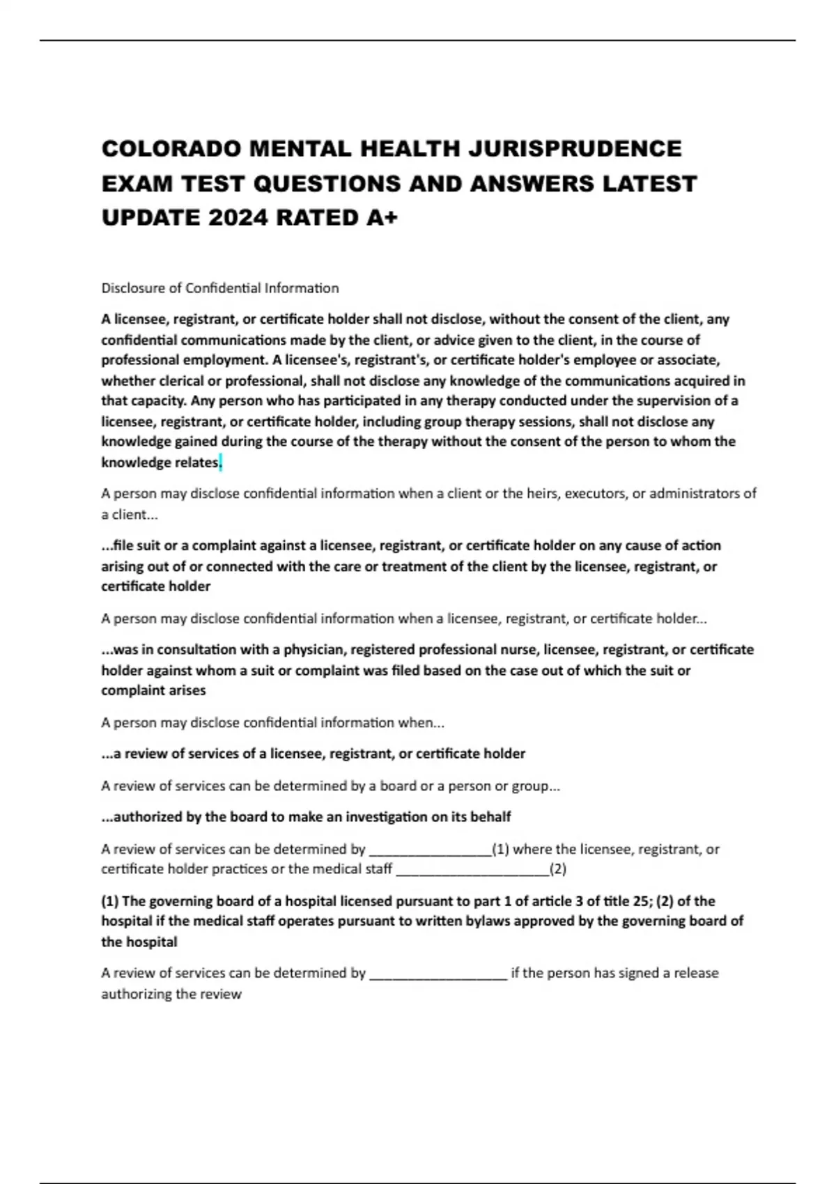 COLORADO MENTAL HEALTH JURISPRUDENCE EXAM TEST QUESTIONS AND ANSWERS