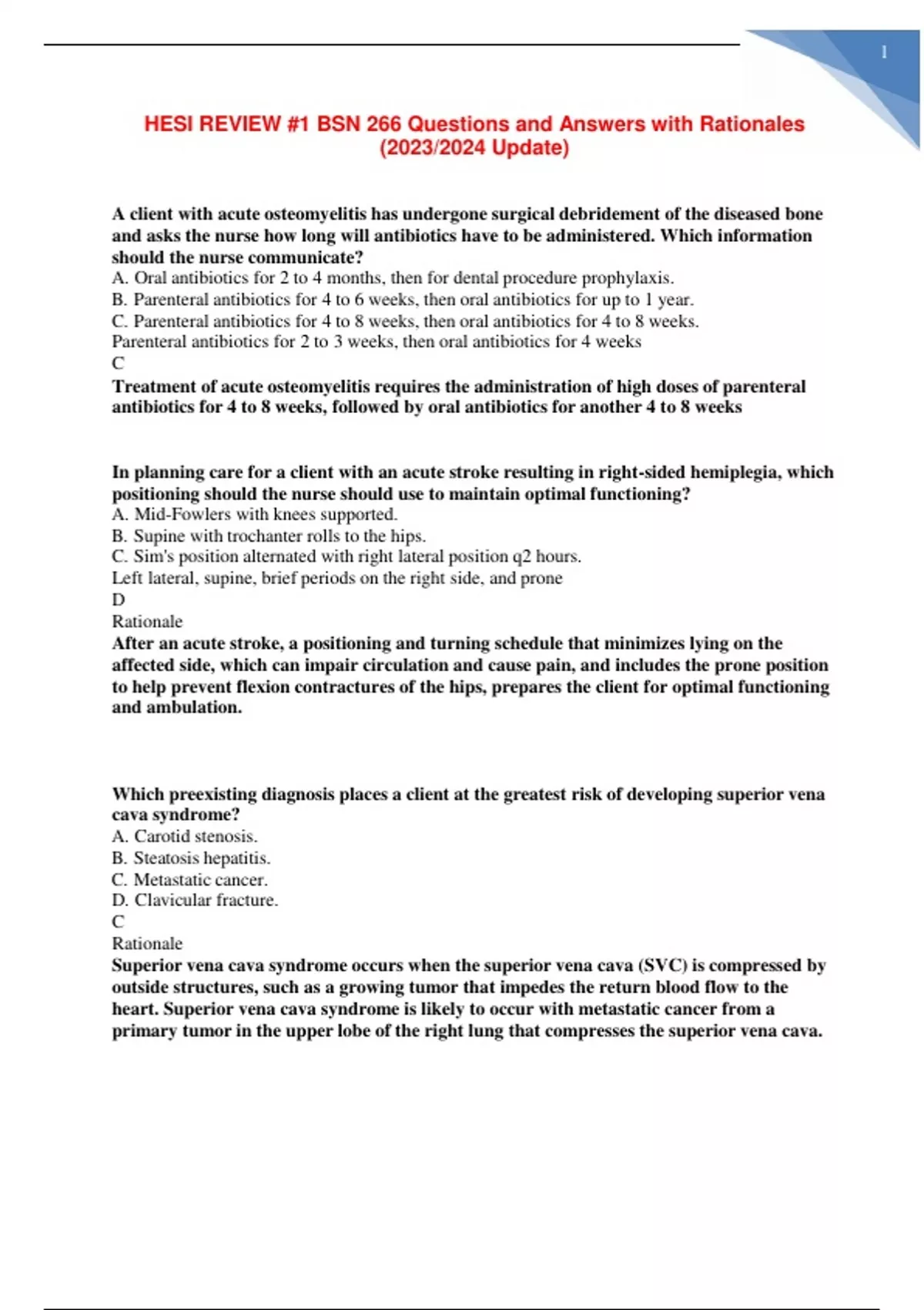 HESI REVIEW #1 BSN 266 Questions and Answers with Rationales (2023/2024 ...