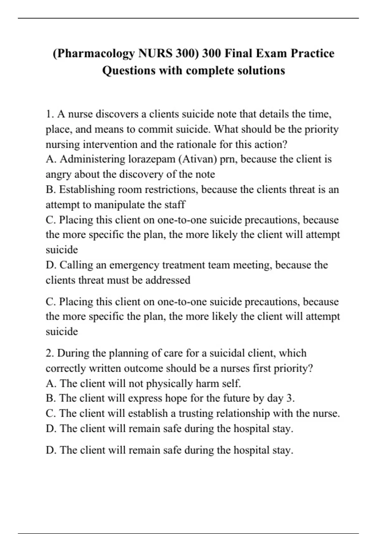 (Pharmacology NURS 300) 300 Final Exam Practice Questions with complete ...