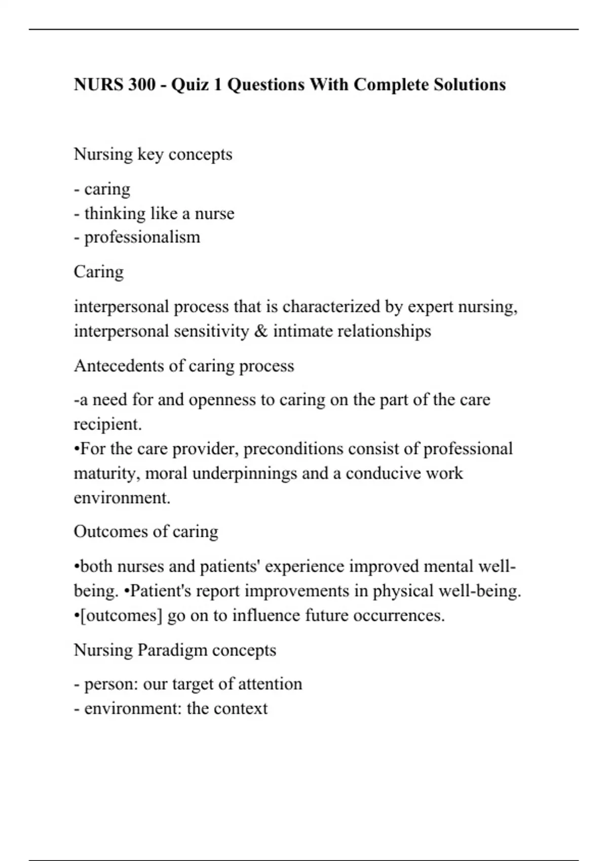 NURS 300 - Quiz 1 Questions With Complete Solutions - NURS 300 - Stuvia US