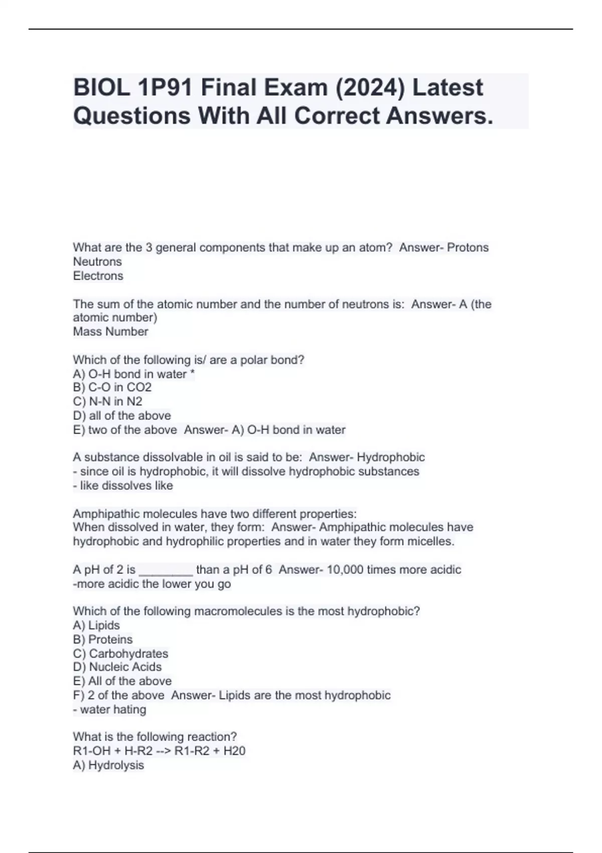 BIOL 1P91 Final Exam (2024) Latest Questions With All Correct Answers ...