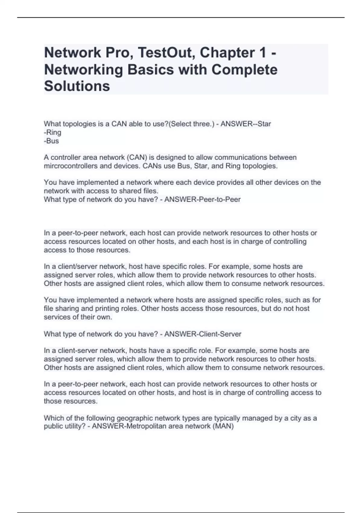 Network Pro, TestOut, Chapter 1 Networking Basics with Complete