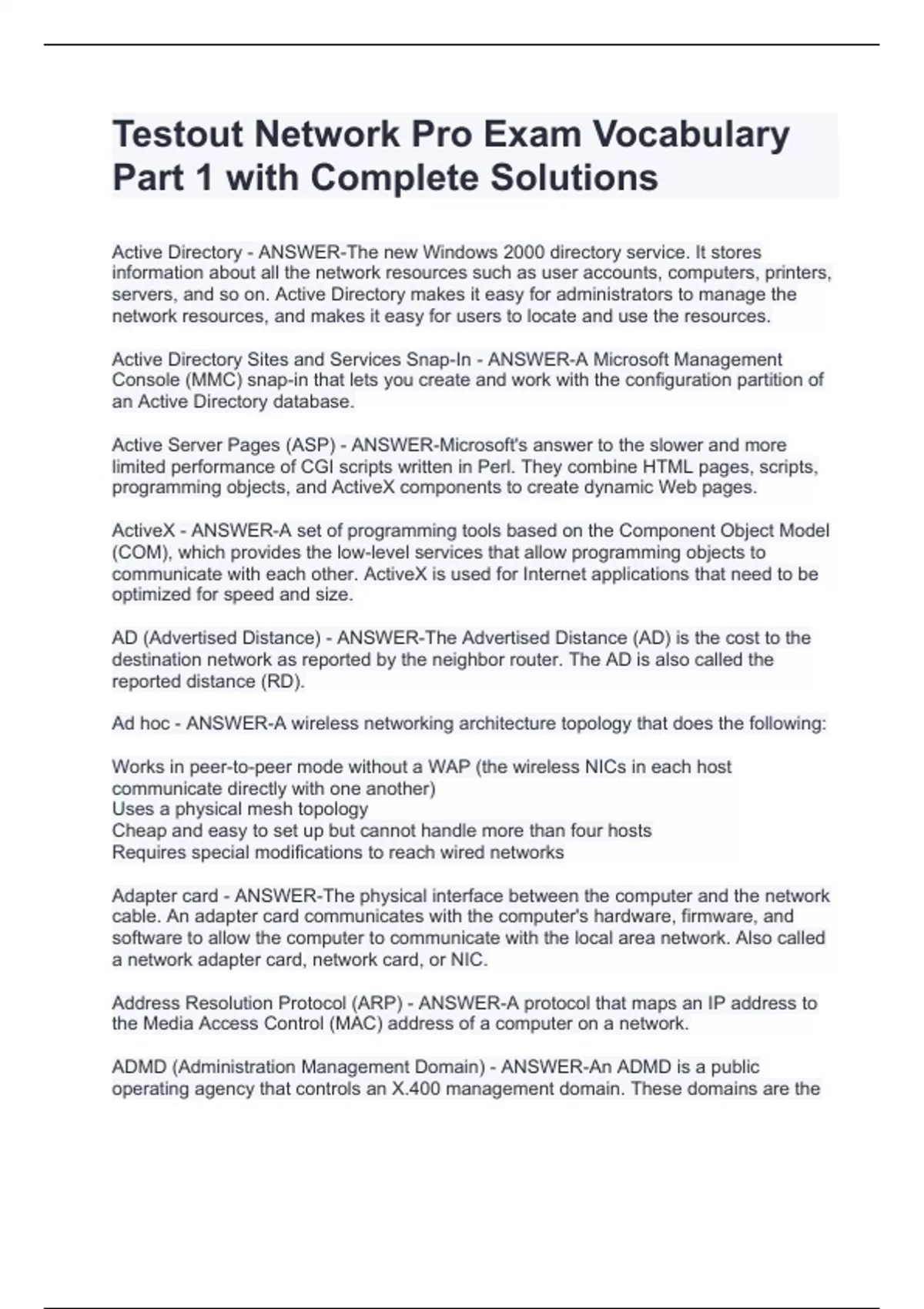 Testout Network Pro Exam Vocabulary Part 1 with Complete Solutions