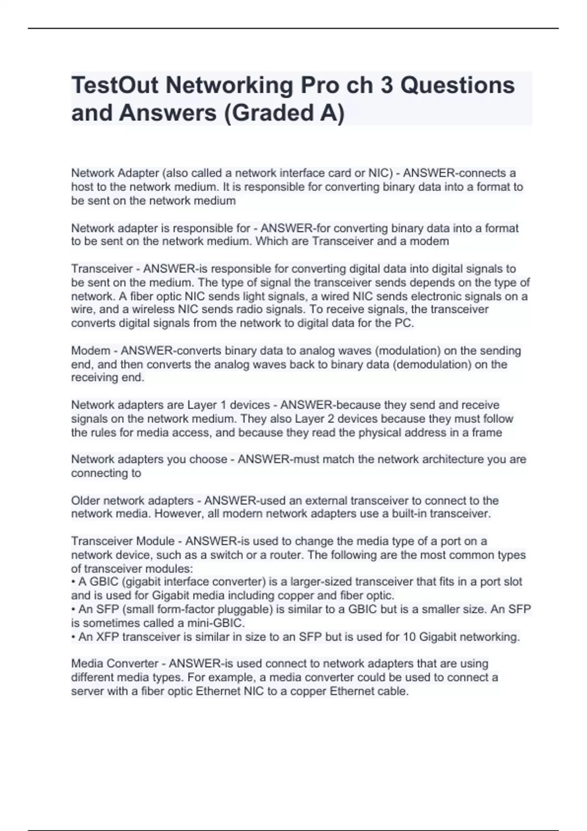 TestOut Networking Pro ch 3 Questions and Answers (Graded A) TestOut