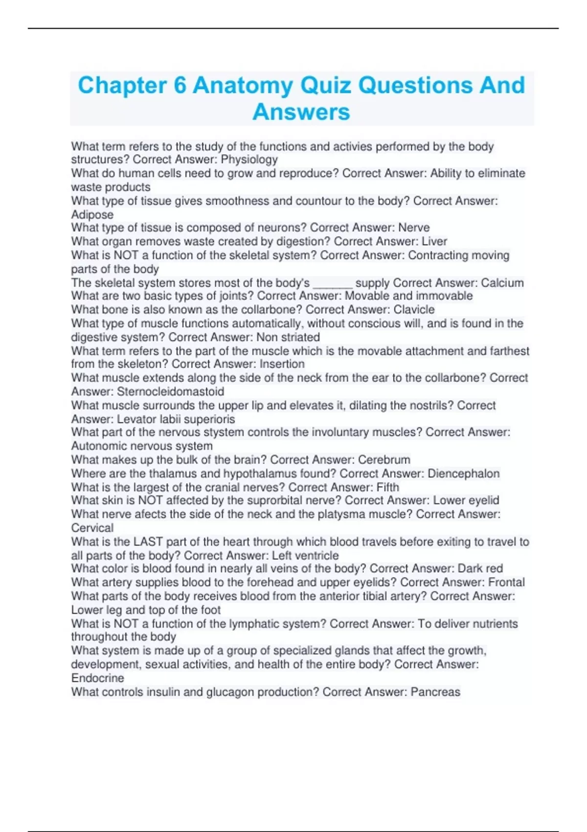 Chapter 6 Anatomy Quiz Questions And Answers Anatomy and physilogy Stuvia US