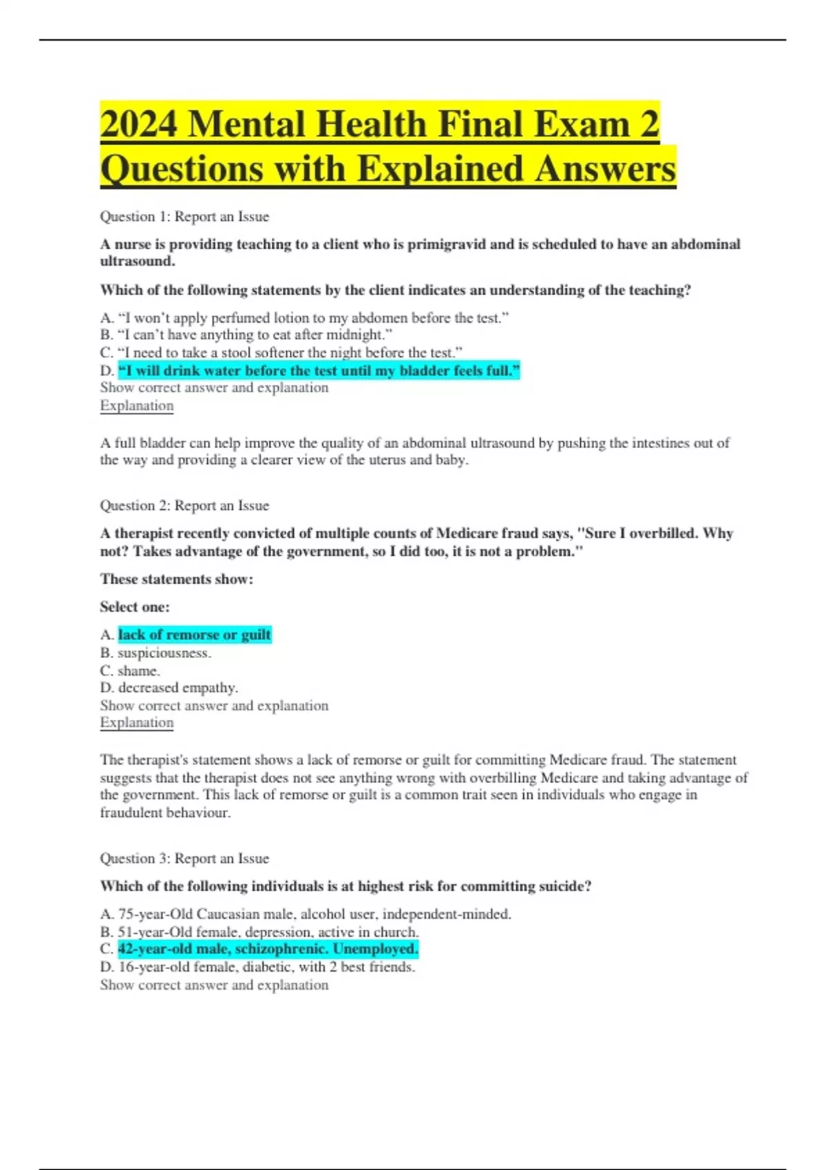 2024 Mental Health Final Exam 2 Questions with Explained Answers - 2024 ...