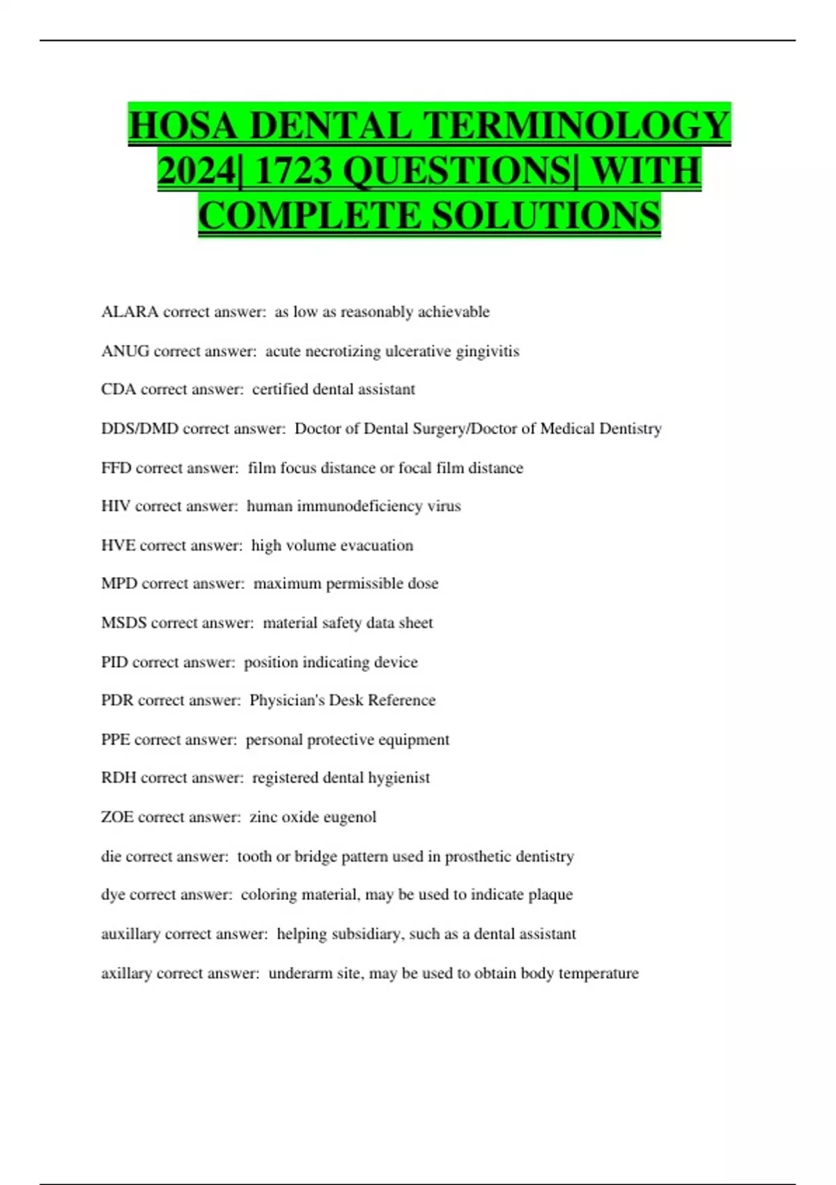 HOSA DENTAL TERMINOLOGY 2024 1723 QUESTIONS WITH COMPLETE SOLUTIONS