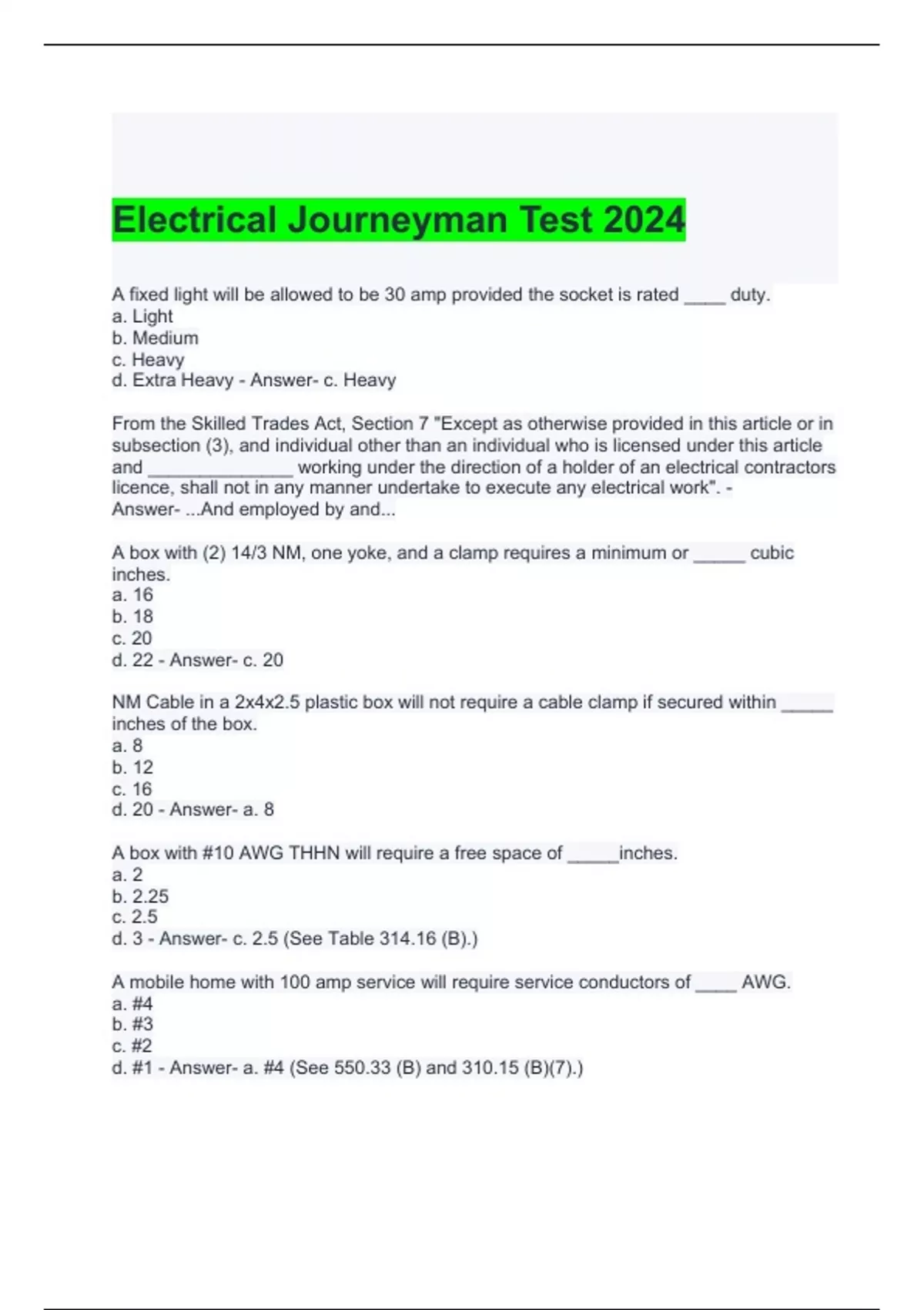 Electrical Journeyman Test 2024/ 2025 Journeyman Electrician Stuvia US