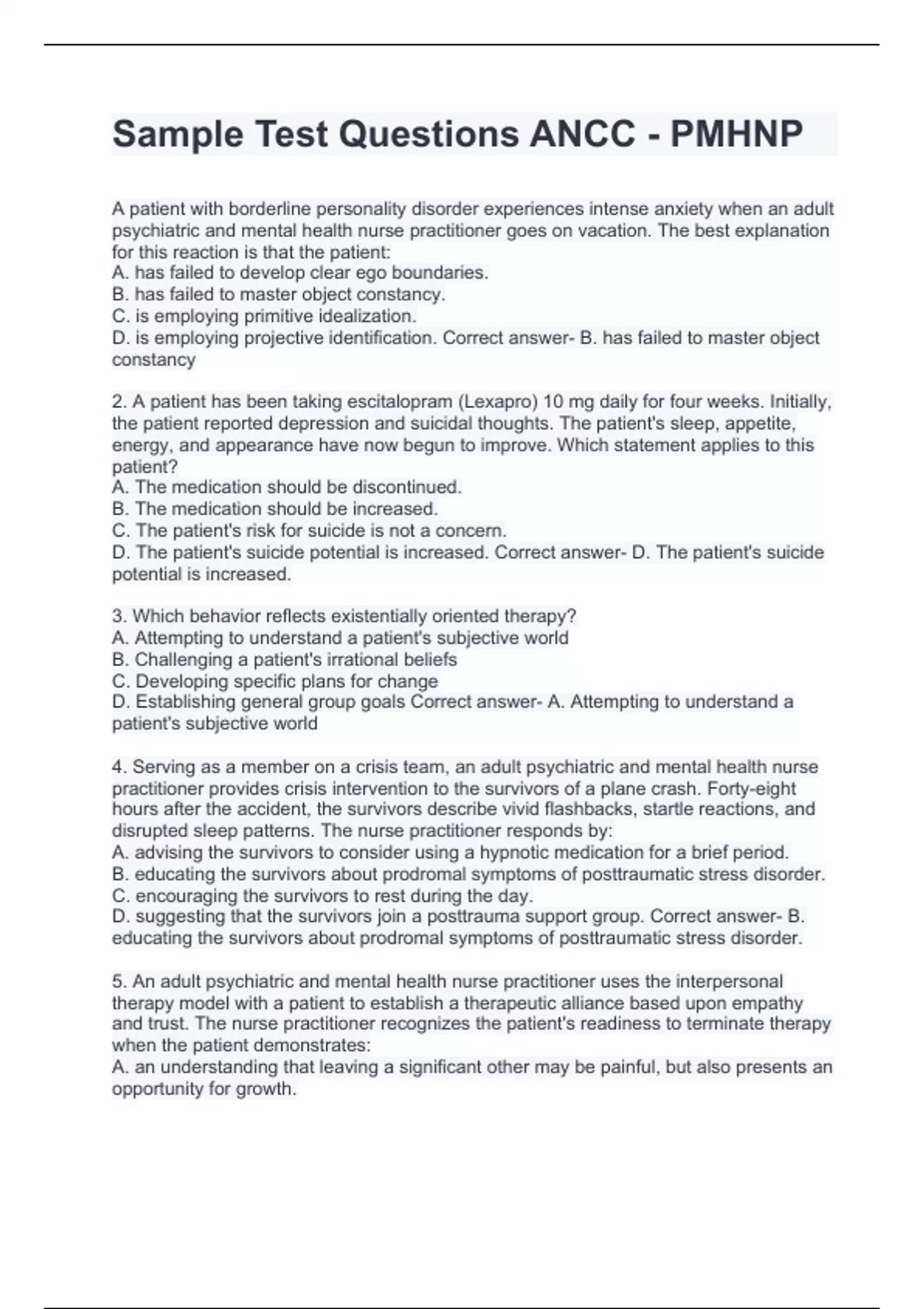 ANCC - PMHNP Actual Questions and Answers 2024/2025 - Ancc - Stuvia US
