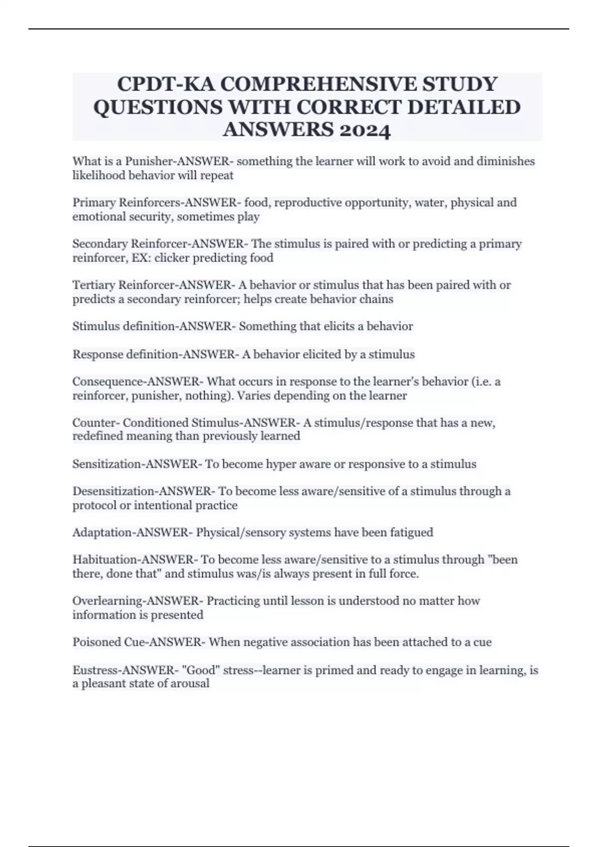 CPDT-KA COMPREHENSIVE STUDY QUESTIONS WITH CORRECT DETAILED ANSWERS ...