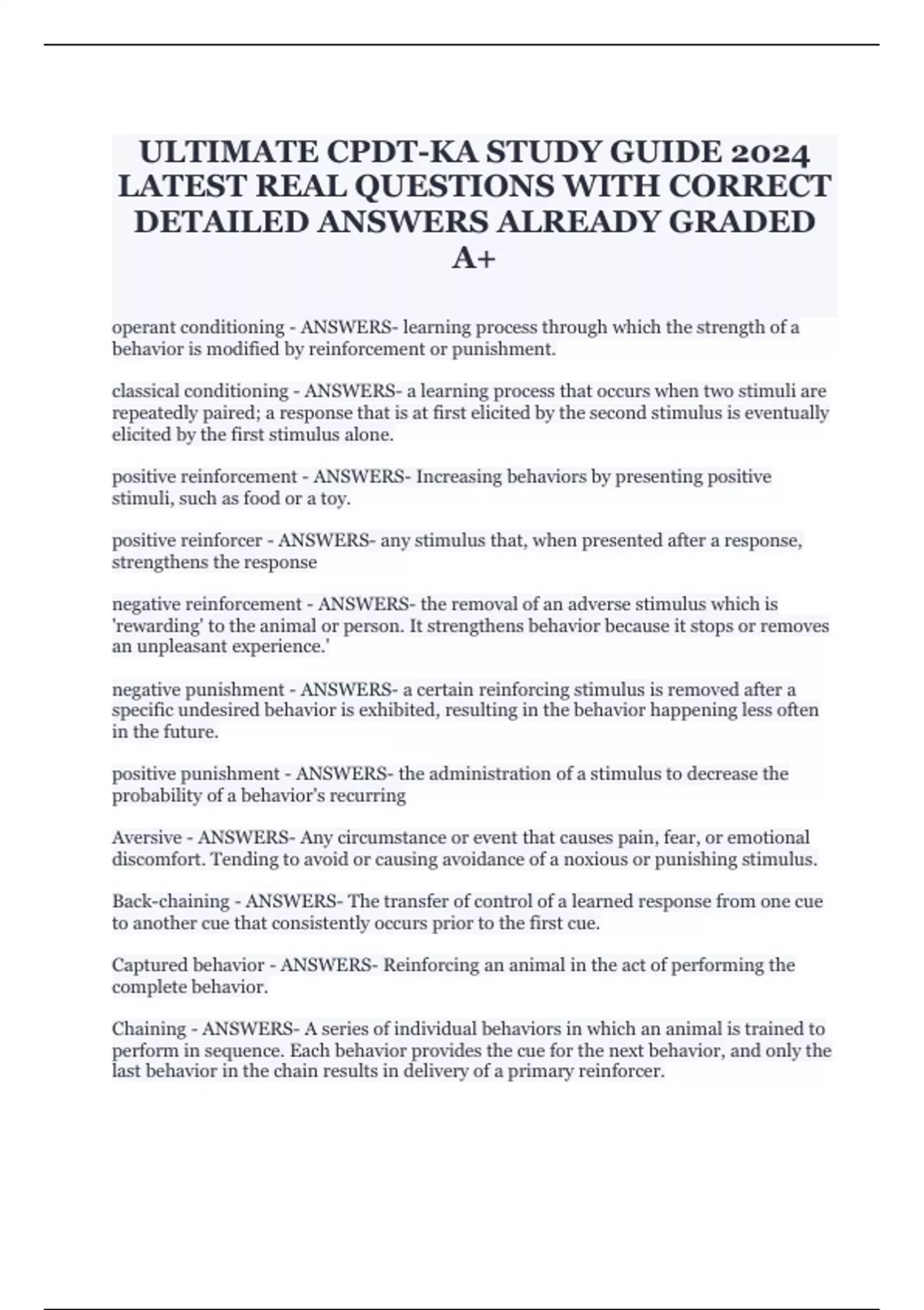 ULTIMATE CPDT-KA STUDY GUIDE 2024 LATEST REAL QUESTIONS WITH CORRECT ...