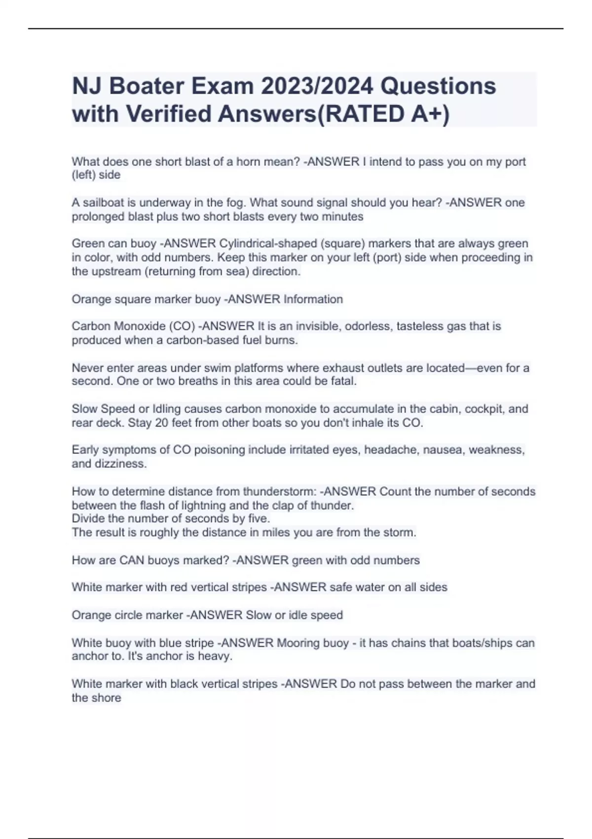 NJ Boater Exam 2023/2024 Questions with Verified Answers(RATED A+) NJ