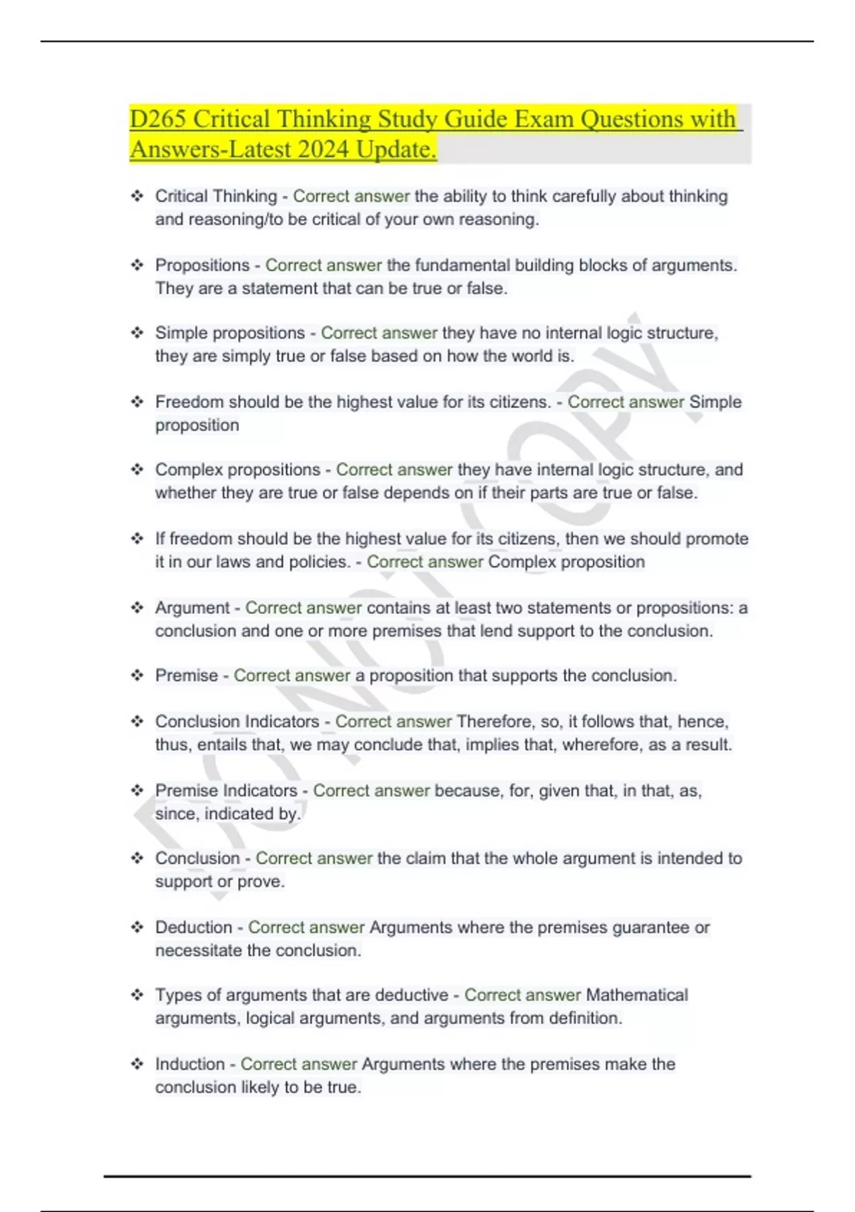 D265 Critical Thinking Study Guide Exam Questions with Answers-Latest ...