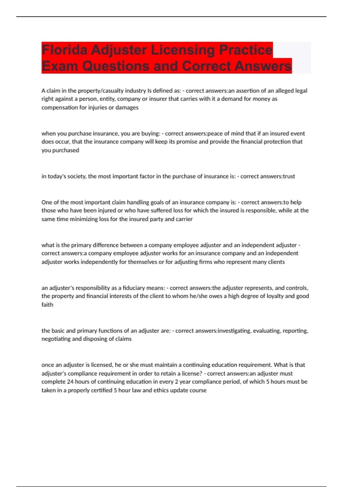 Florida Adjuster Licensing Practice Exam Questions And Correct Answers