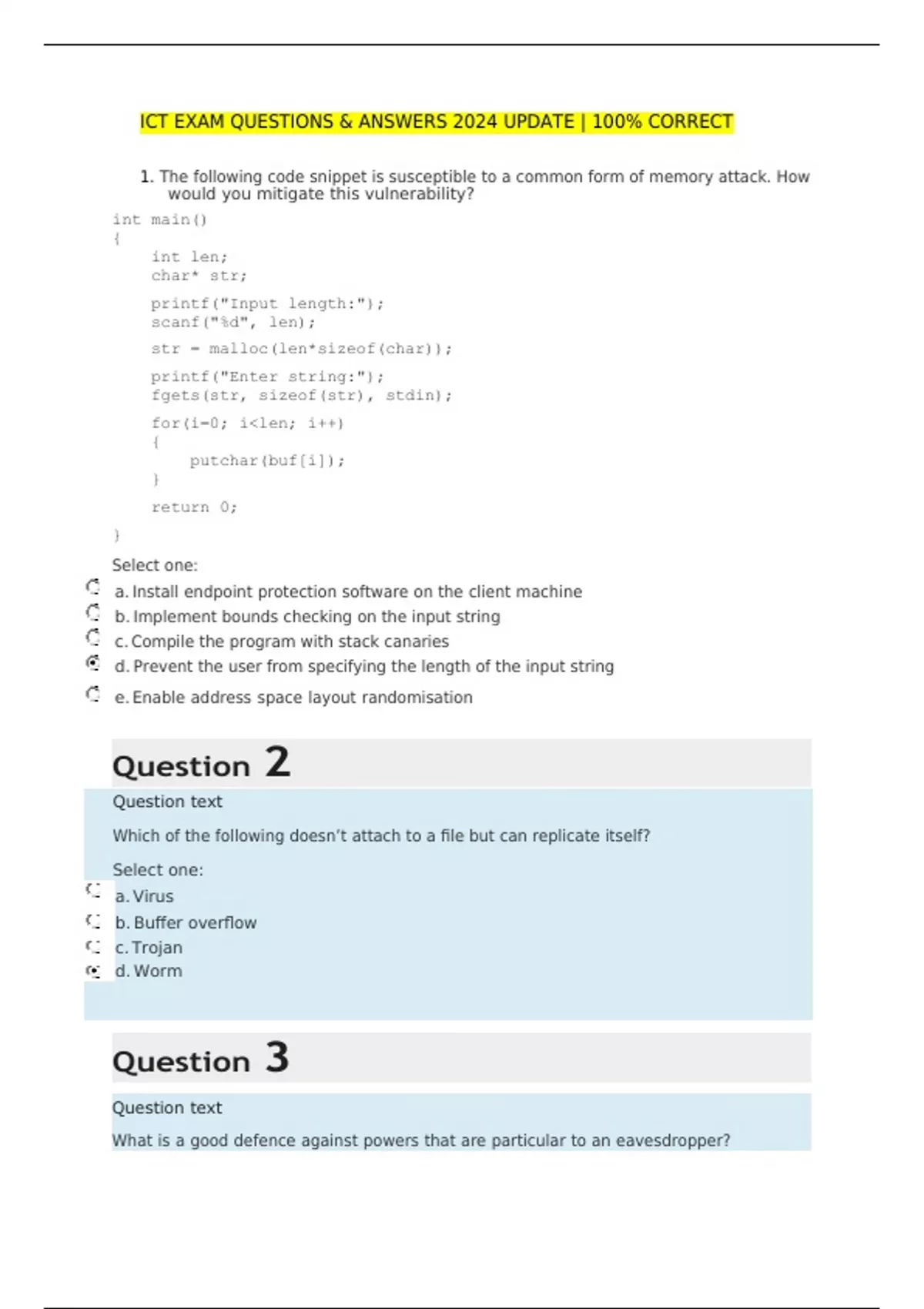 ICT EXAM QUESTIONS & ANSWERS 2024 UPDATE | 100% CORRECT - ICT 2024 ...