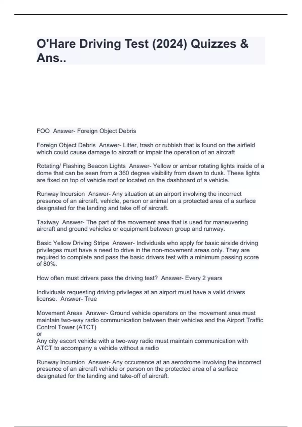 O'Hare Driving Test (2024) Quizzes & Ans.. - O\'Hare Driving - Stuvia US
