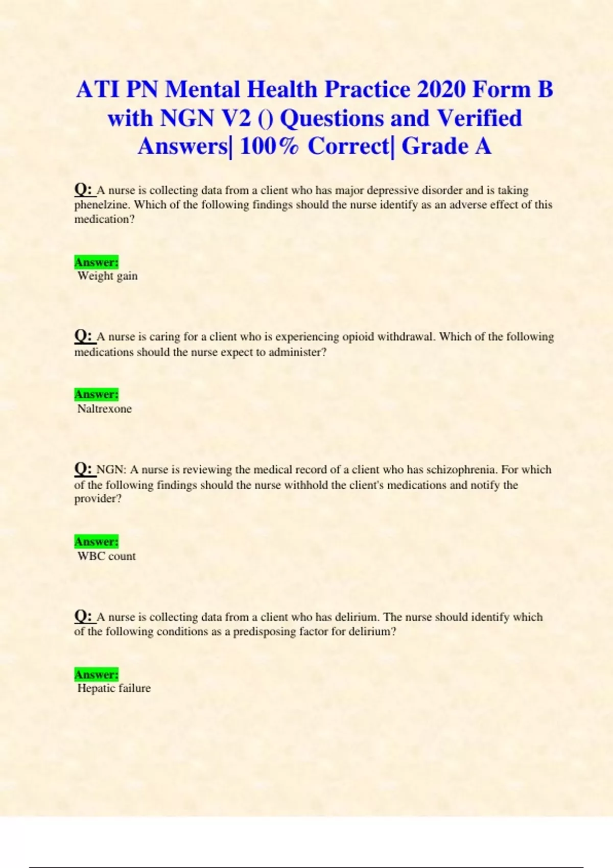 ATI PN Mental Health Practice 2020 Form B with NGN V2 () Questions and ...