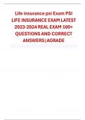 Life insurance psi Exam PSI LIFE INSURANCE EXAM LATEST 2023-2024 REAL EXAM 100&plus; QUESTIONS AND CORRECT ANSWERS&vert;AGRADE