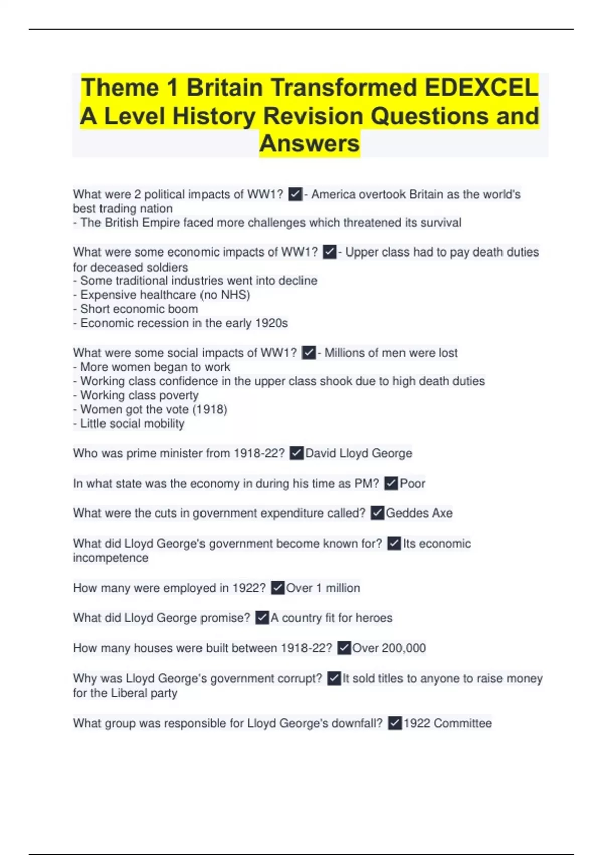 Theme 1 Britain Transformed EDEXCEL A Level History Revision Questions ...