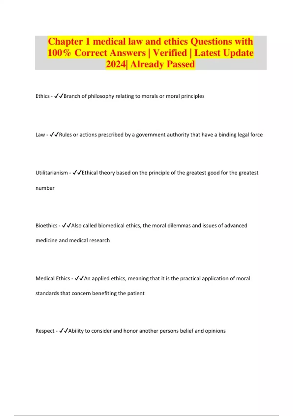 Chapter 1 medical law and ethics Questions with 100% Correct Answers ...