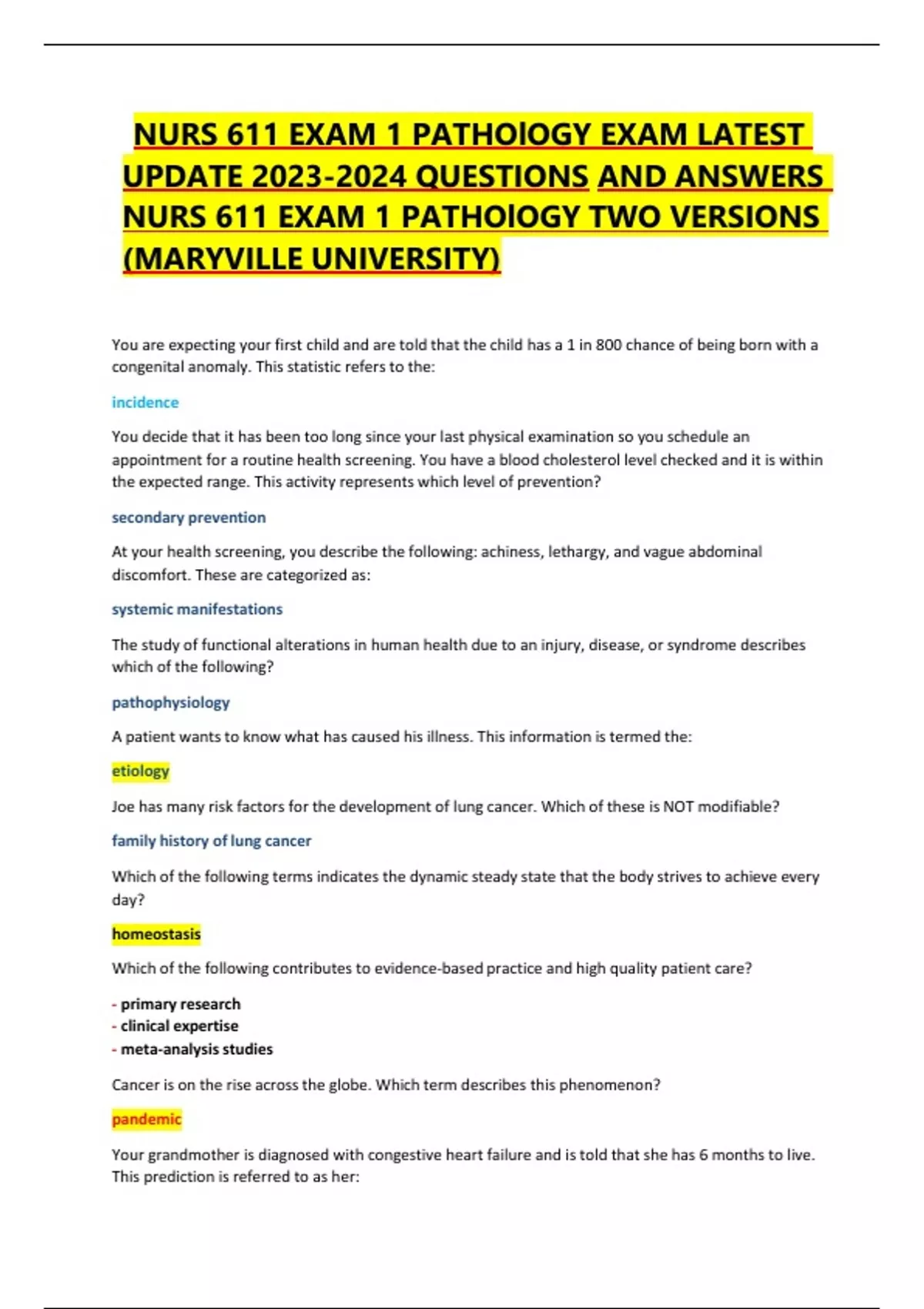 NURS 611 EXAM 1 PATHOLOGY EXAM LATEST UPDATE QUESTIONS AND ANSWERS NURS ...
