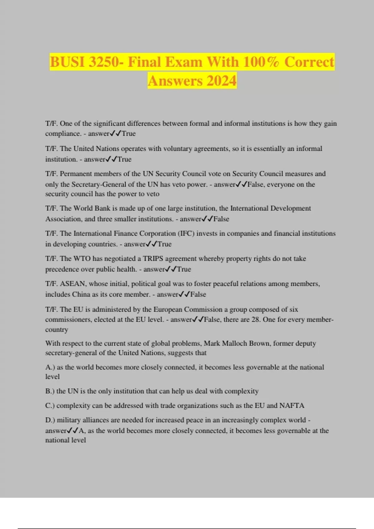 BUSI 3250- Final Exam With 100% Correct Answers 2024 - BUSI 3250 ...