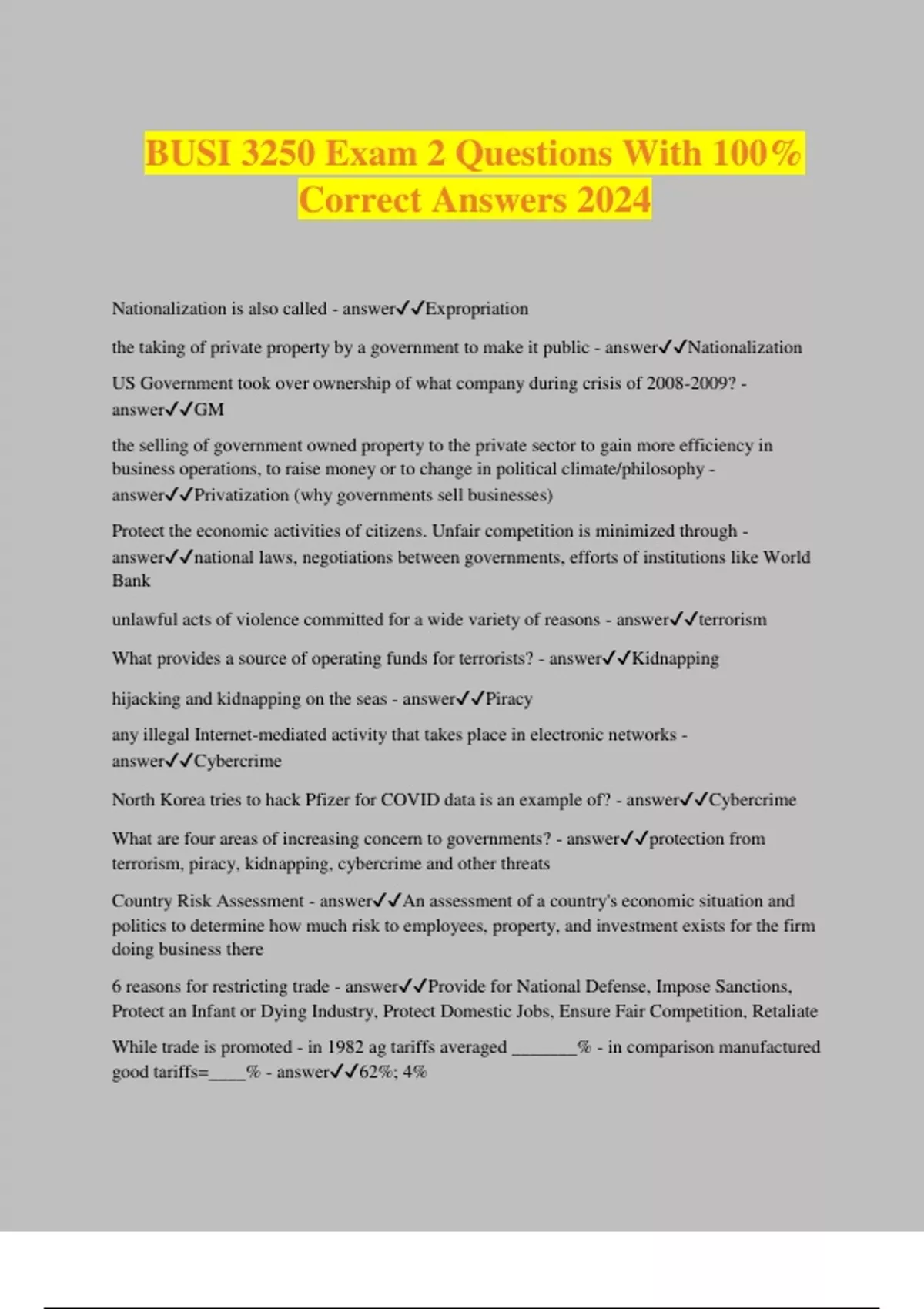 BUSI 3250 Exam 2 Questions With 100% Correct Answers 2024 - BUSI 3250 ...