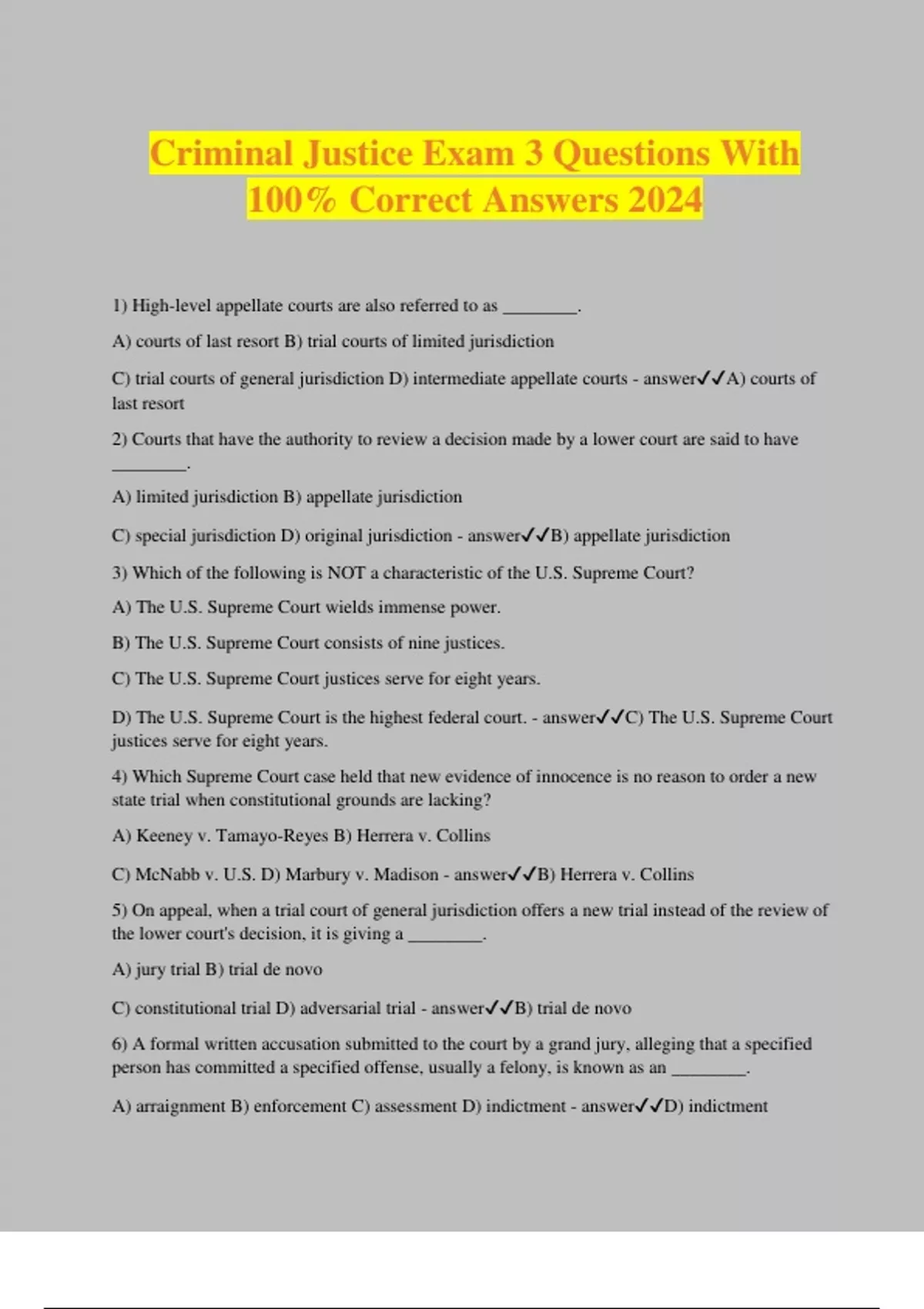 Criminal Justice Exam 3 Questions With 100 Correct Answers 2024
