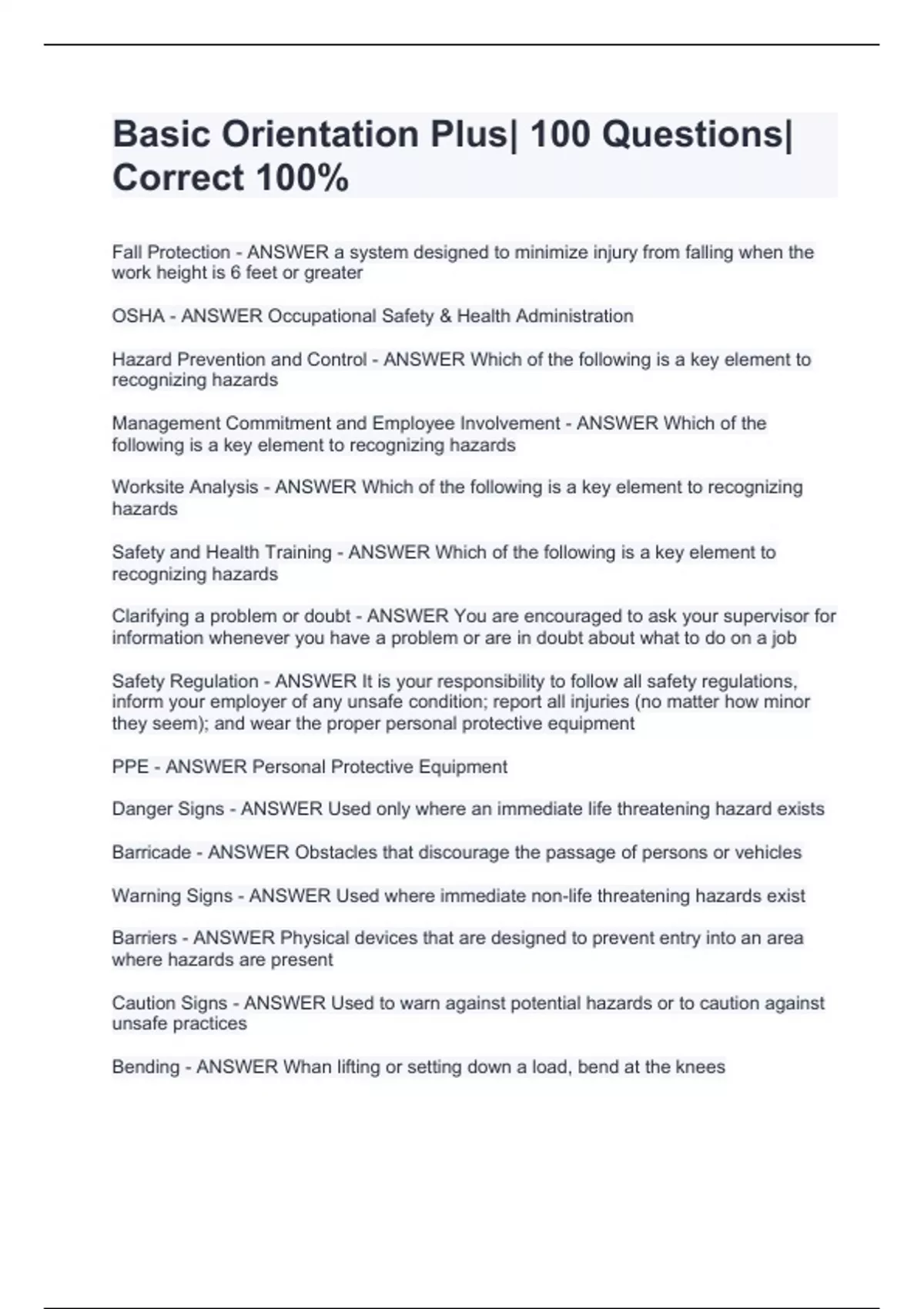 Basic Orientation Plus| 100 Questions| Correct 100% - OSHA - Stuvia US