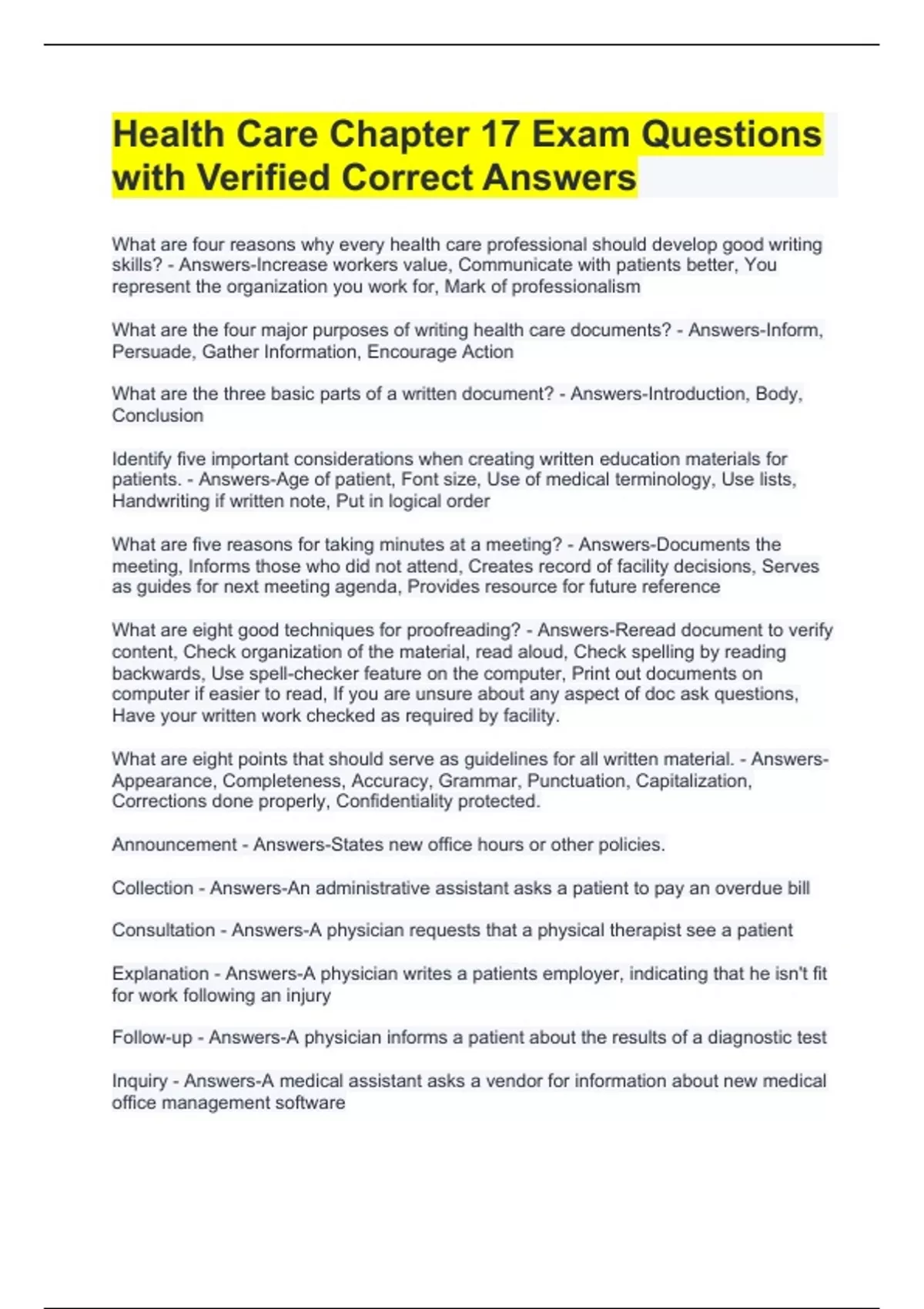 Health Care Chapter 17 Exam Questions with Verified Correct Answers ...