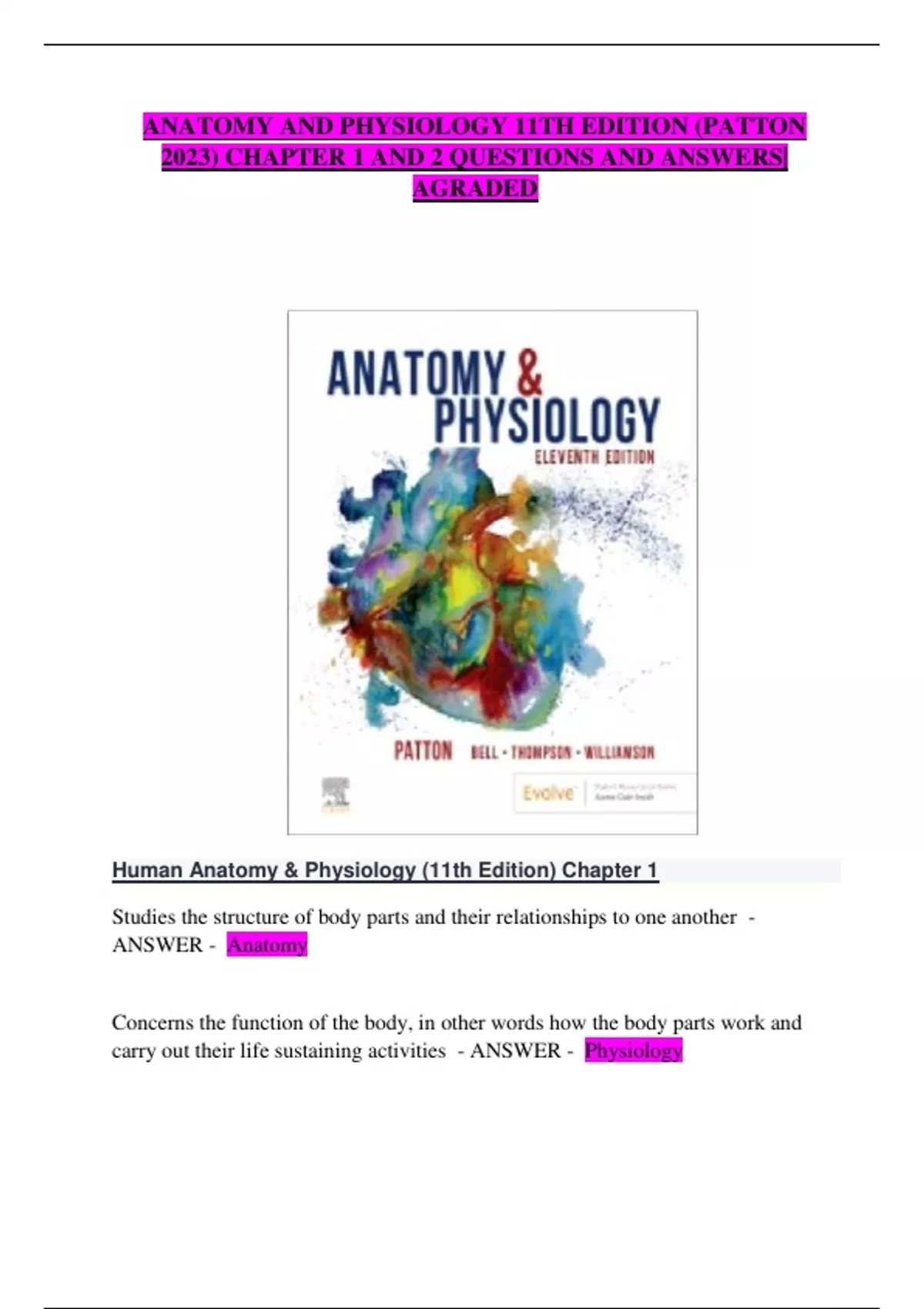 ANATOMY AND PHYSIOLOGY 11TH EDITION (PATTON 2023) CHAPTER 1 AND 2 ...