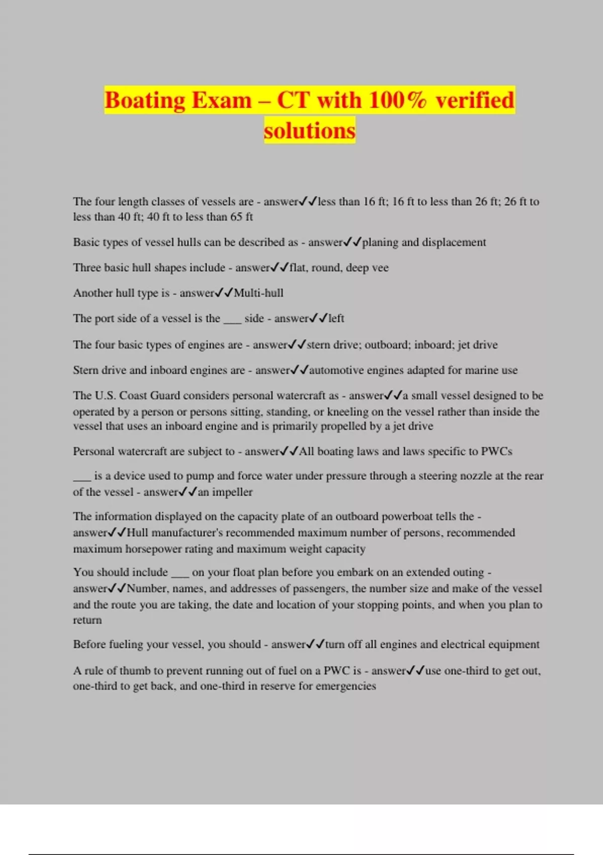 Boating Exam CT with 100 verified solutions CT Stuvia US