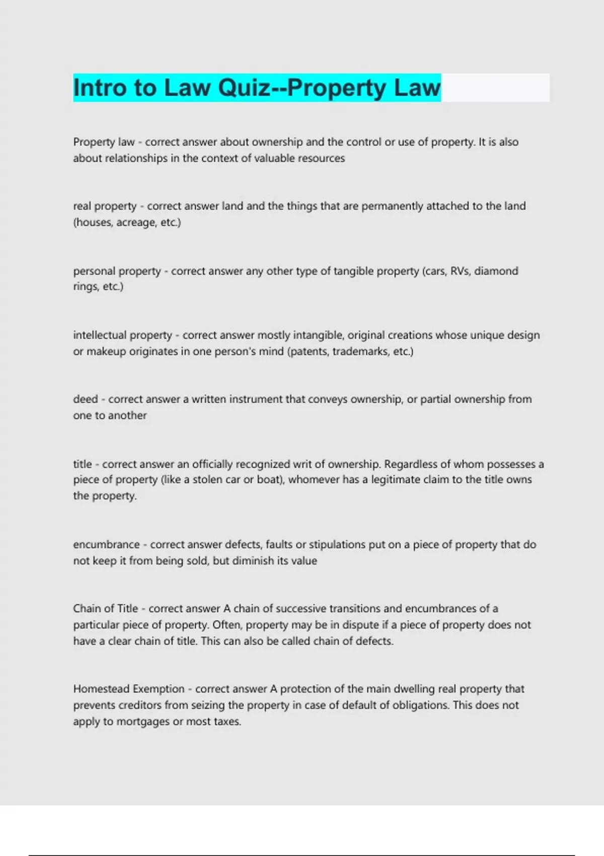 Intro to Law QuizProperty Law exam question and answer latest update Property Stuvia US