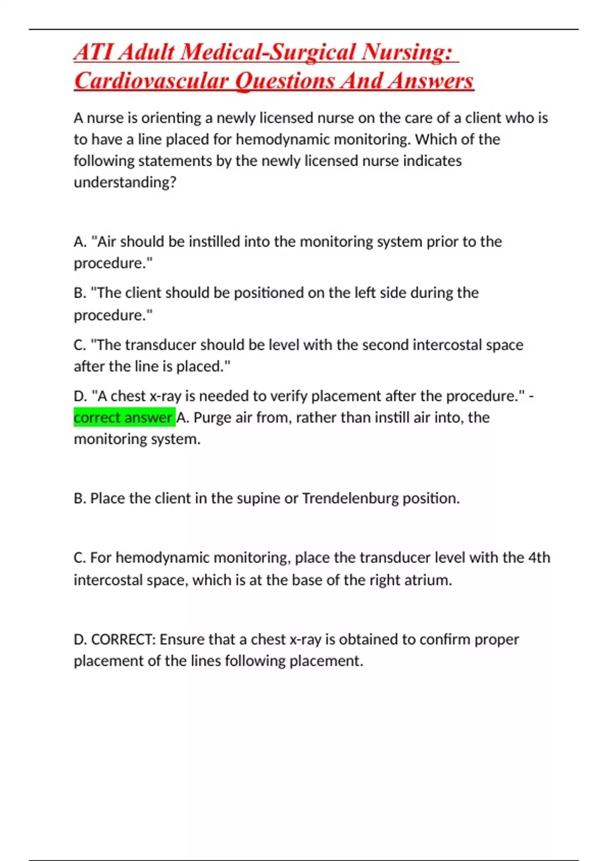 ATI Adult MedicalSurgical Nursing Cardiovascular Questions And