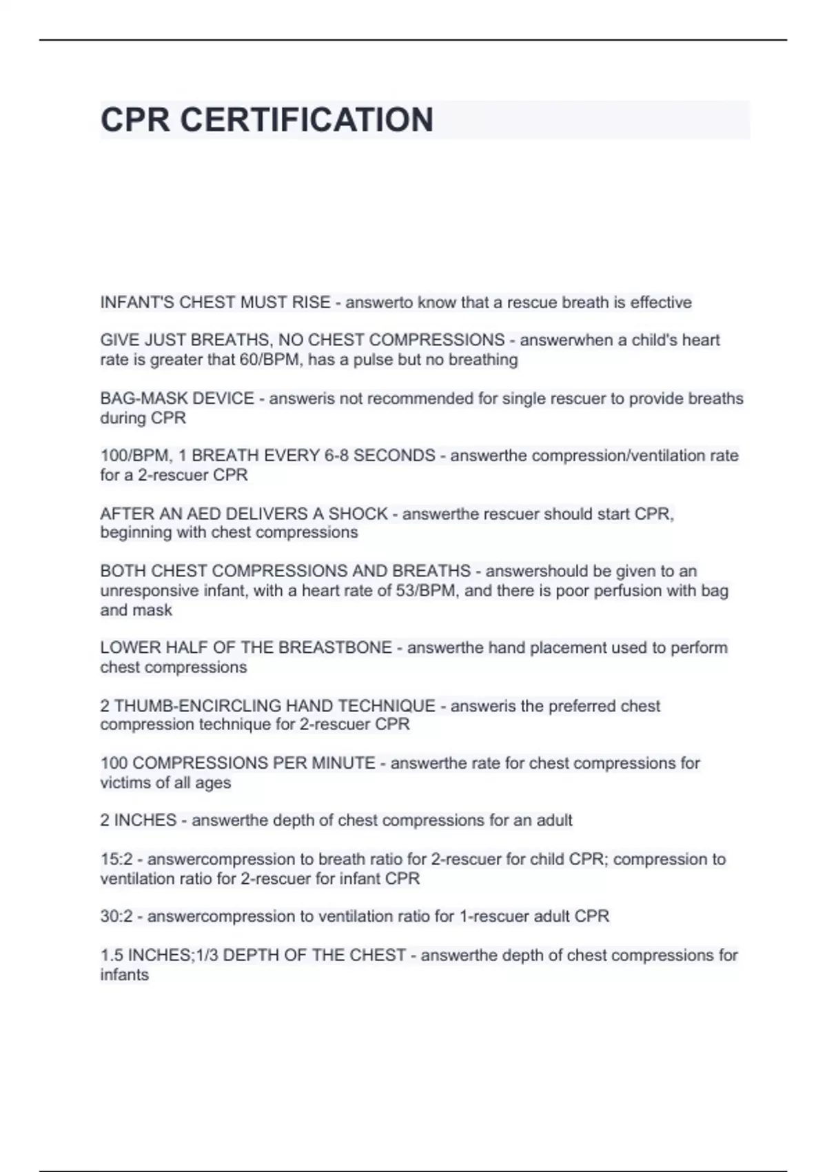 CPR CERTIFICATION QUESTIONS AND ANSWERS FULLY SOLVED Cpr Stuvia US