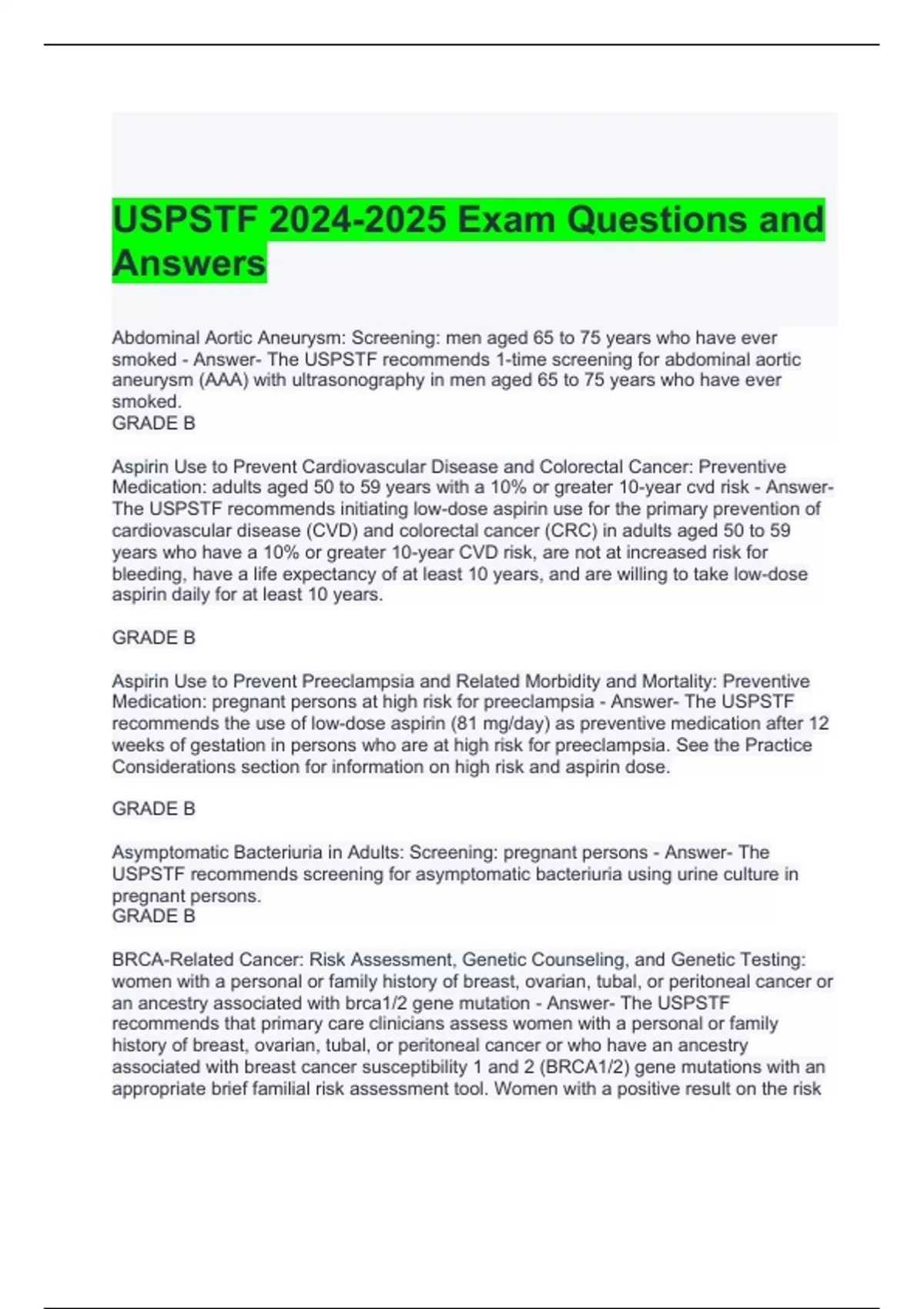 USPSTF Exam Questions and Answers - USPSTF - Stuvia US