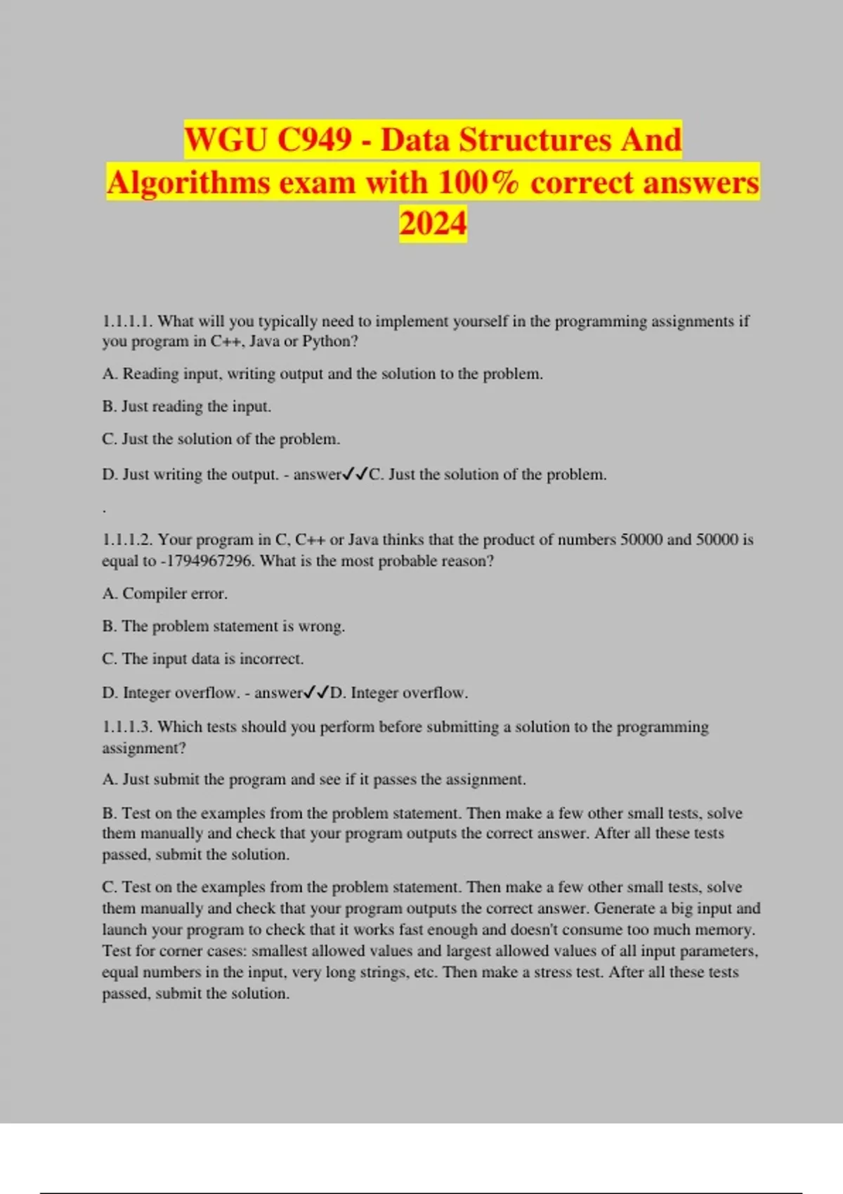 WGU C949 - Data Structures And Algorithms exam with 100% correct ...