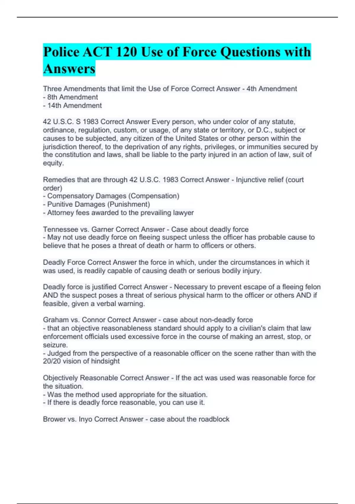 Police ACT 120 Use of Force Questions with Answers - Police act 120 ...