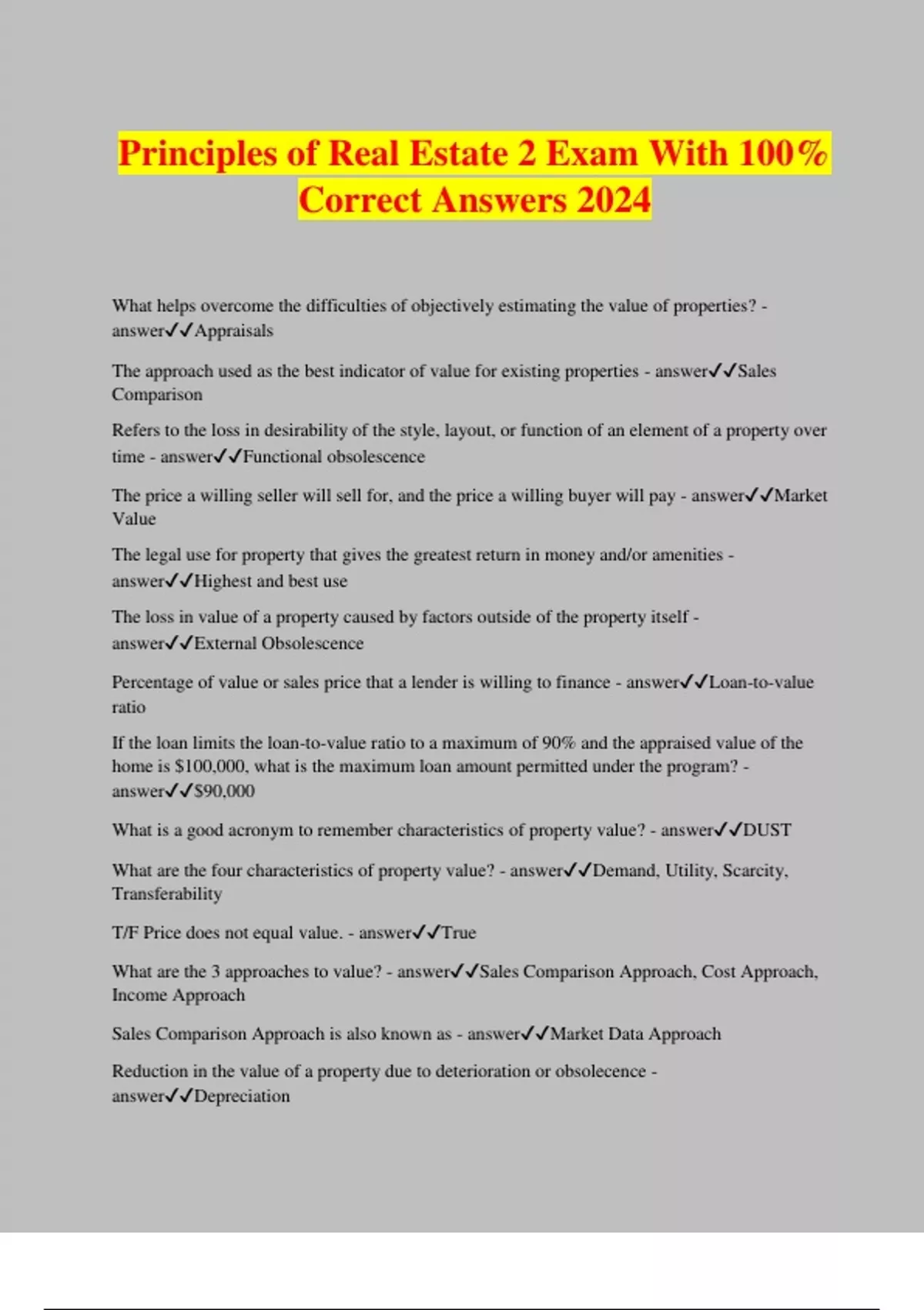 Principles of Real Estate 2 Exam With 100 Correct Answers 2024