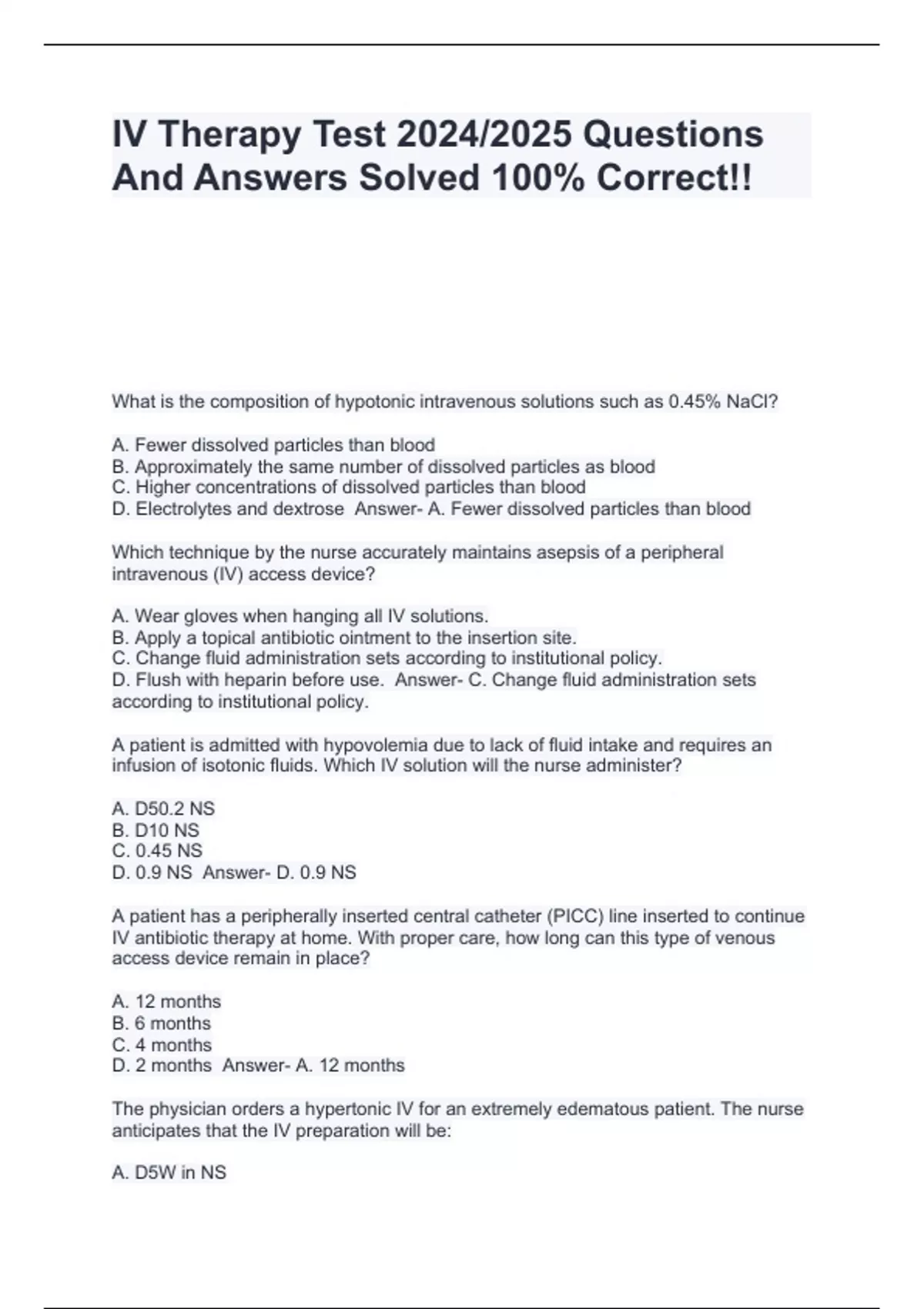 Sample Iv Questions IV Therapy Test 2024/2025 Questions And Answers Solved 100% Correct ...