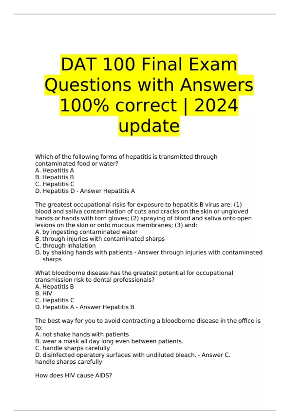 DAT 100 Final Exam Questions with Answers 100 correct 2024 update DAT 100 Stuvia US