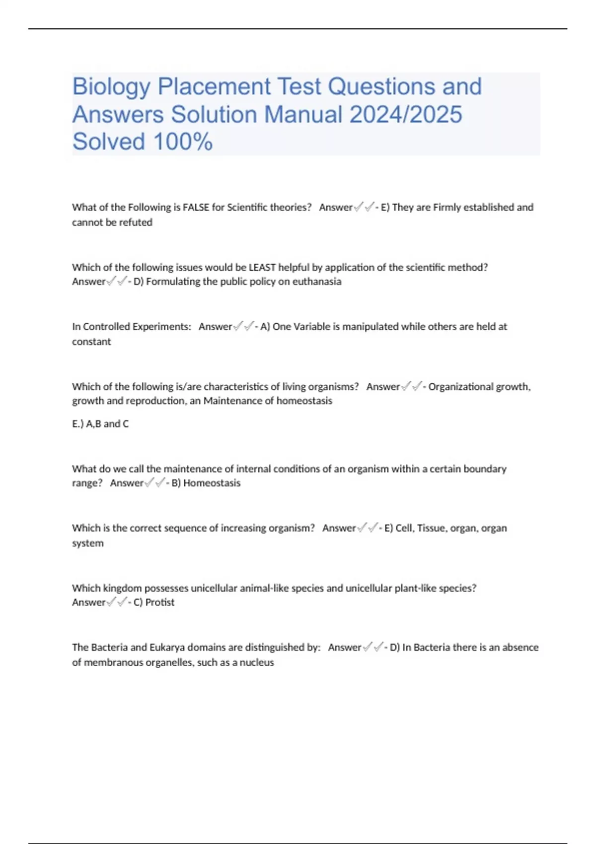 Biology Placement Test Questions and Answers Solution Manual 2024/2025 ...