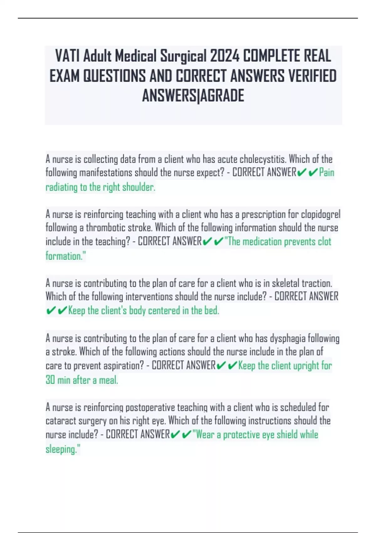 VATI Adult Medical Surgical 2024 COMPLETE REAL EXAM QUESTIONS AND