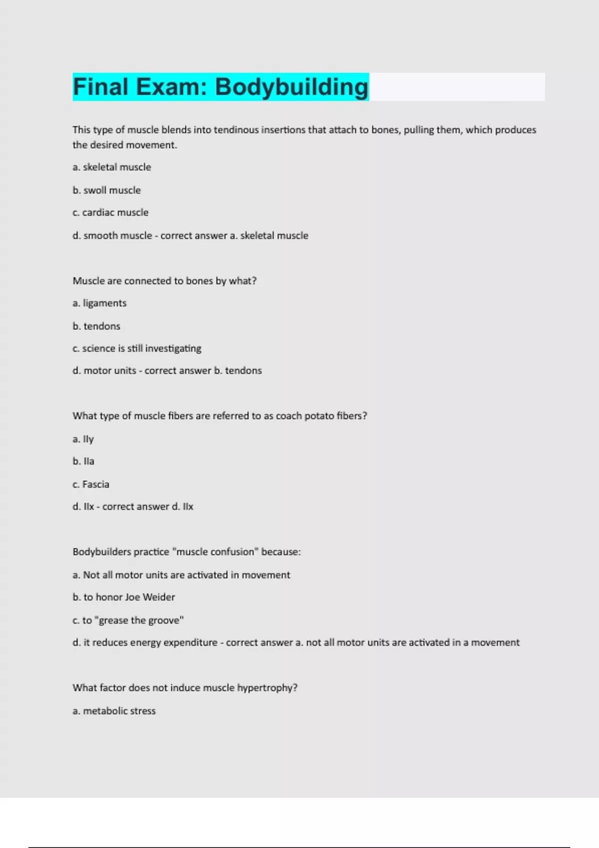 Final Exam Bodybuilding exam question and answer latest update - ISSA ...