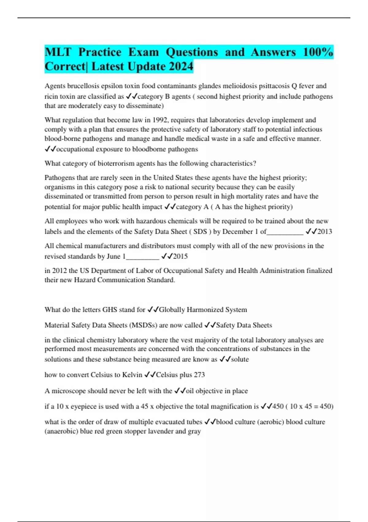 MLT Practice Exam Questions and Answers 100 Correct Latest Update