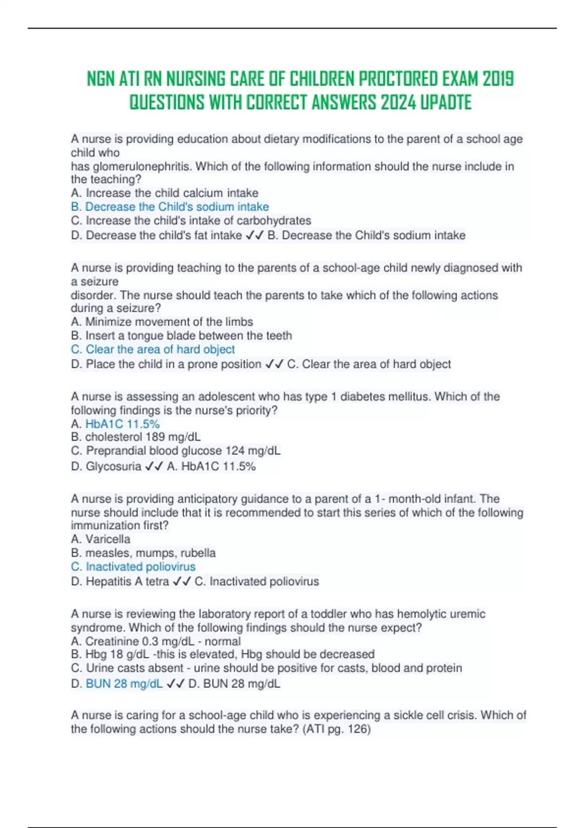 NGN ATI RN NURSING CARE OF CHILDREN PROCTORED EXAM 2019 QUESTIONS WITH