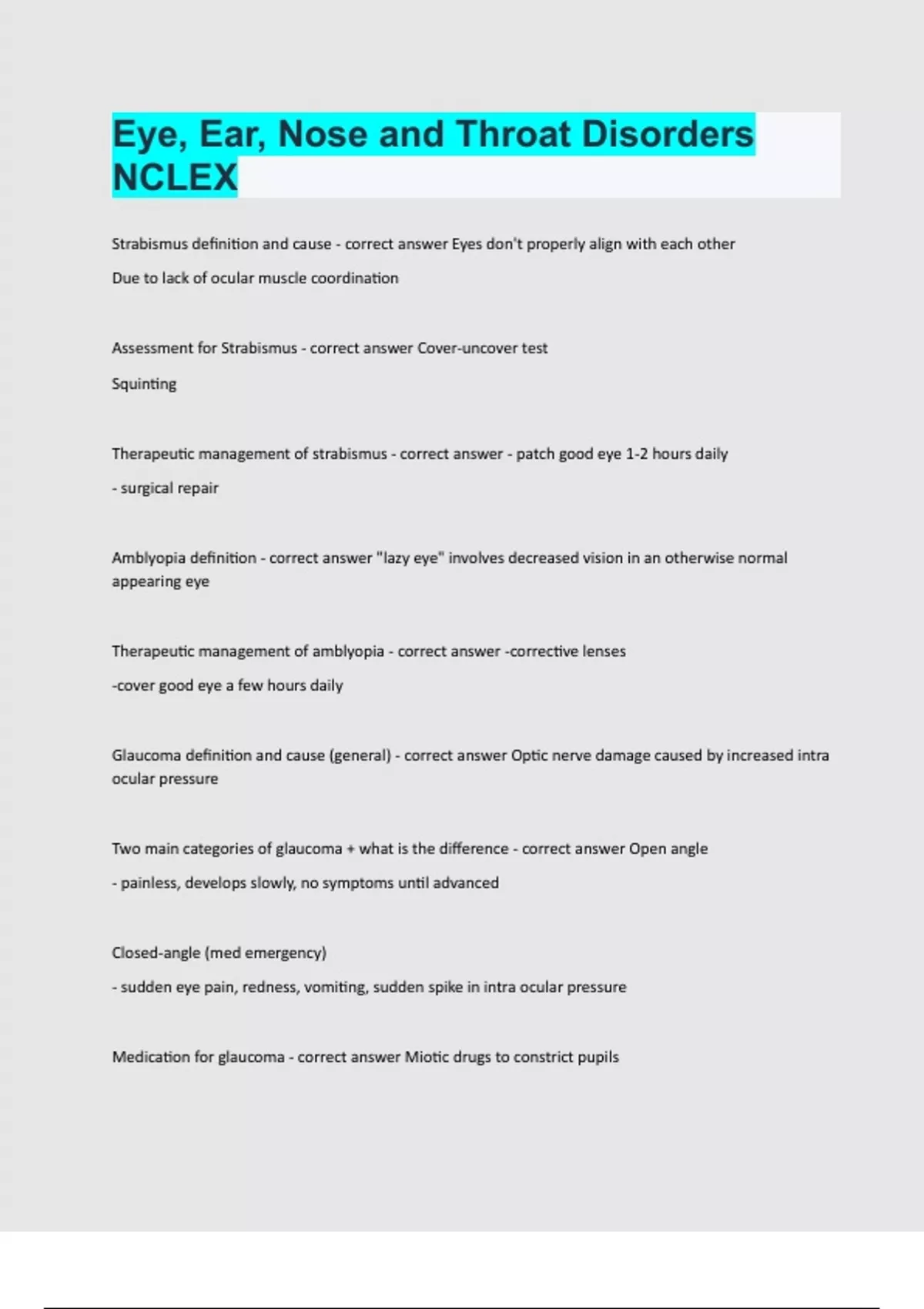 Eye, Ear, Nose and Throat Disorders NCLEX exam question and answer