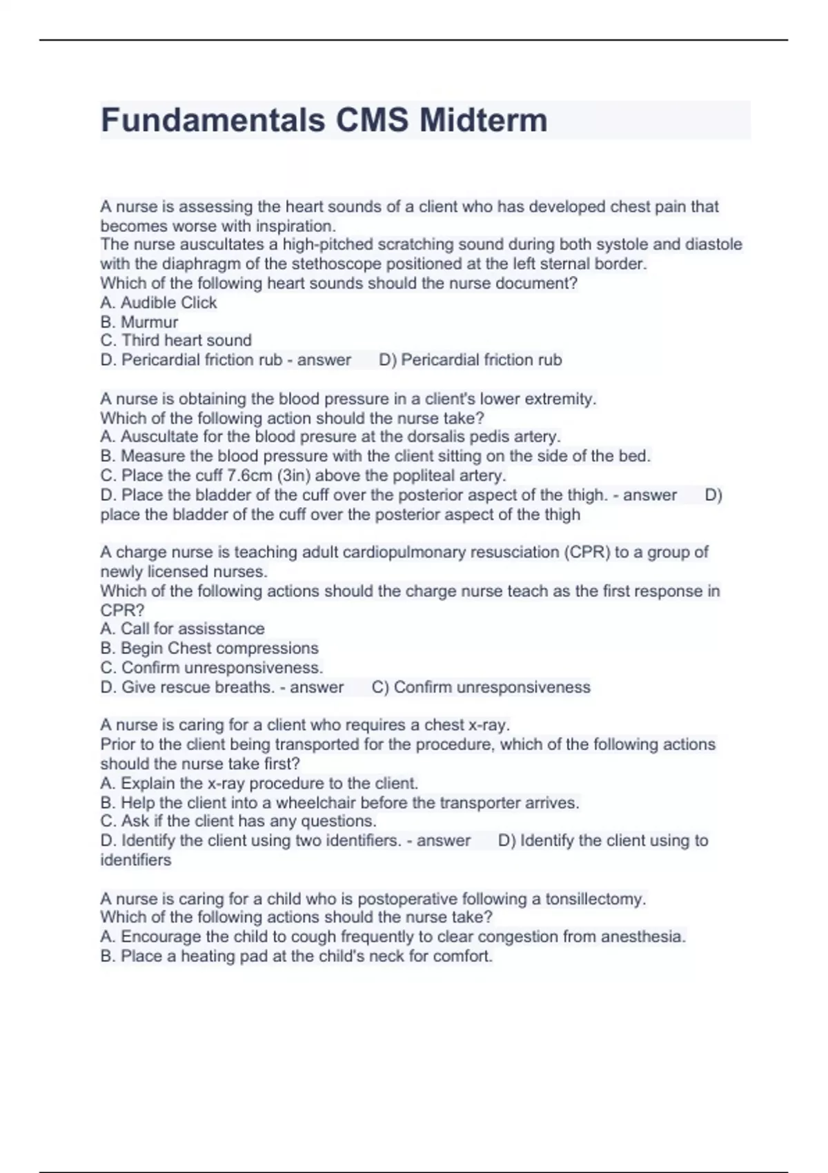 Fundamentals CMS Midterm Questions with correct Answers 2024 - ATI CMS ...